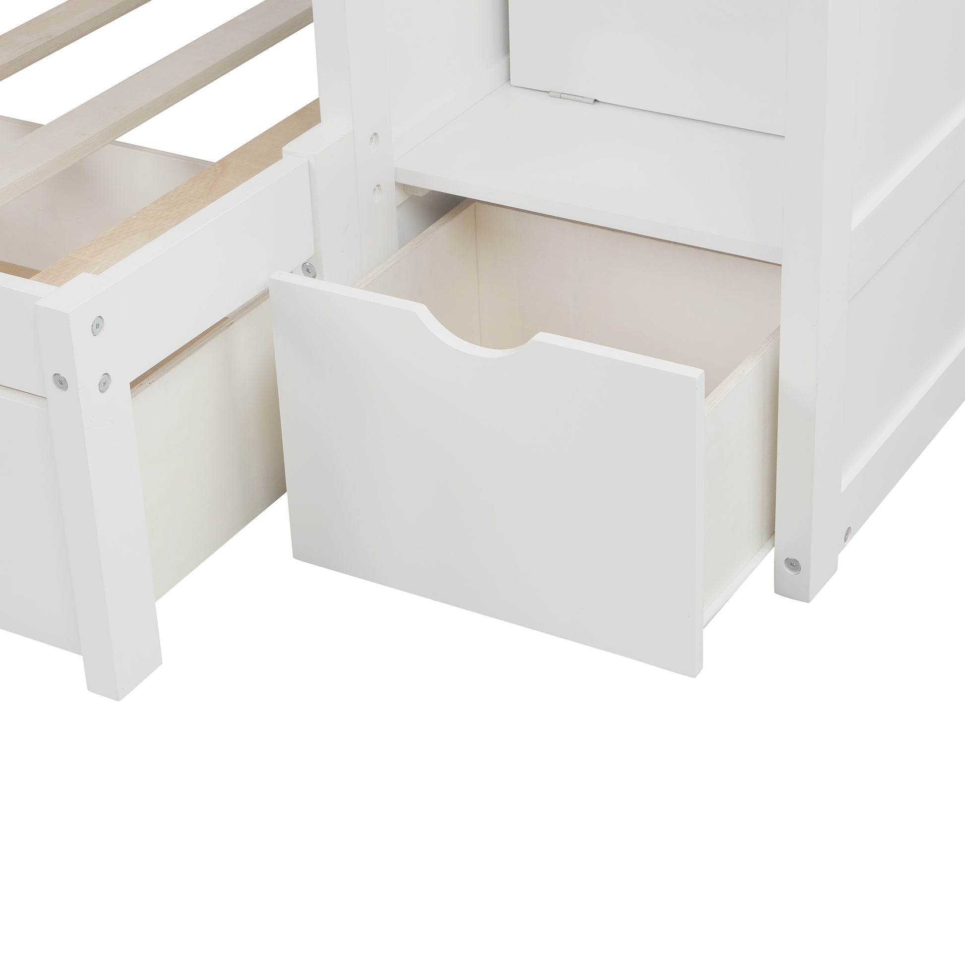 Twin Over Full Twin Bunk Bed, Convertible Bottom Bed, Storage Shelves And Drawers, White White Pine