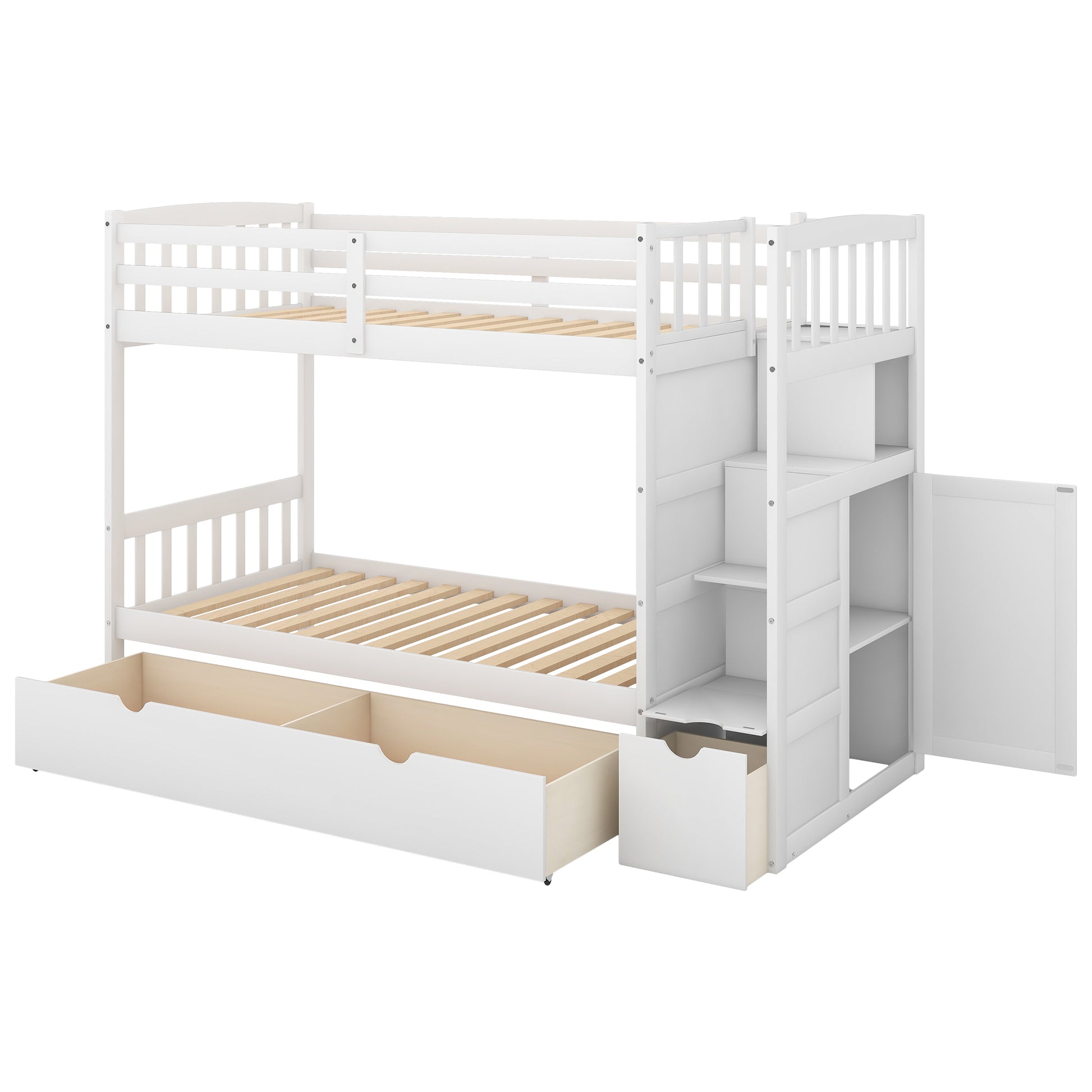 Twin Over Full Twin Bunk Bed, Convertible Bottom Bed, Storage Shelves And Drawers, White White Pine