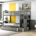 Twin Over Full Twin Bunk Bed, Convertible Bottom Bed, Storage Shelves And Drawers, Gray Gray Pine