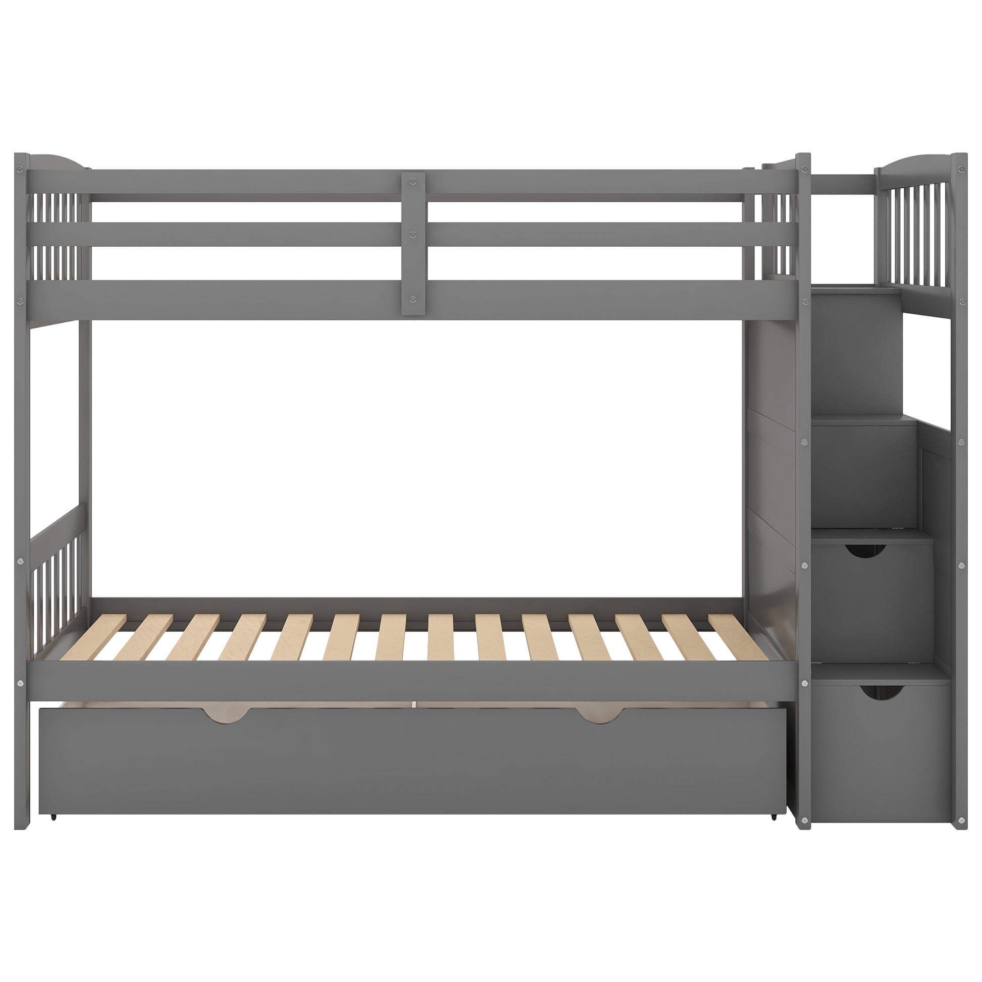 Twin Over Full Twin Bunk Bed, Convertible Bottom Bed, Storage Shelves And Drawers, Gray Gray Pine