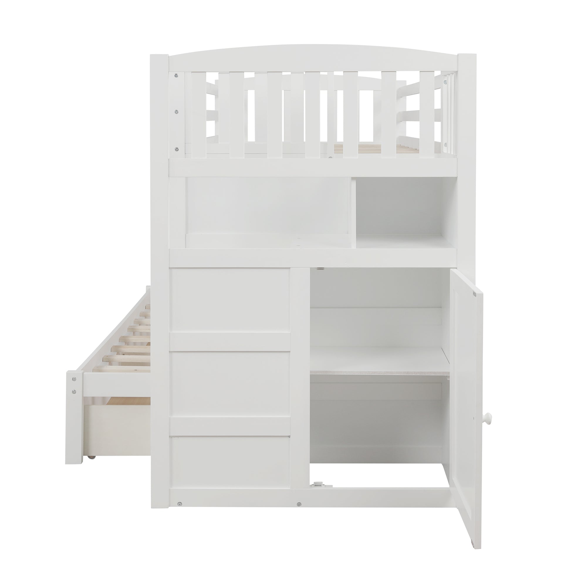 Twin Over Full Twin Bunk Bed, Convertible Bottom Bed, Storage Shelves And Drawers, White White Pine