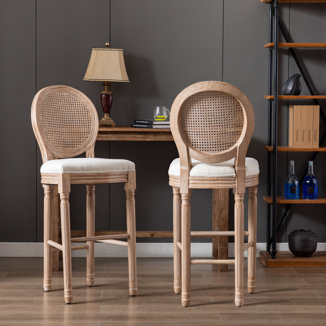 Hengming French Country Wooden Barstools Rattan Back With Upholstered Seatingbeige And Natural Beige Foam Fabric