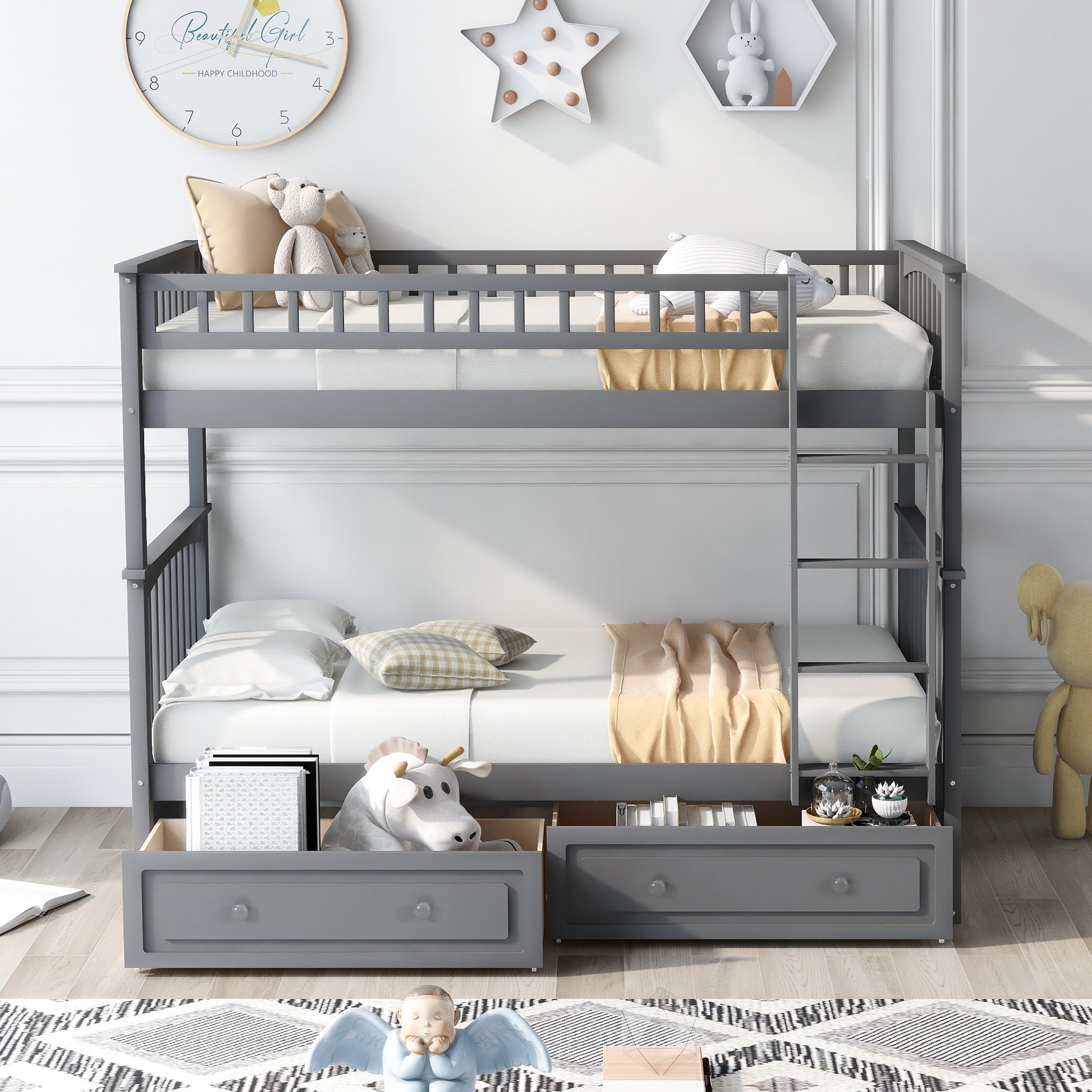 Twin Over Twin Bunk Bed With Drawers, Convertible Beds, Gray Old Sku: Sm000240Aae 1 Box Spring Not Required Twin Gray Wood Bedroom Bunk Pine