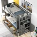 Twin Over Full Twin Bunk Bed, Convertible Bottom Bed, Storage Shelves And Drawers, Gray Gray Pine