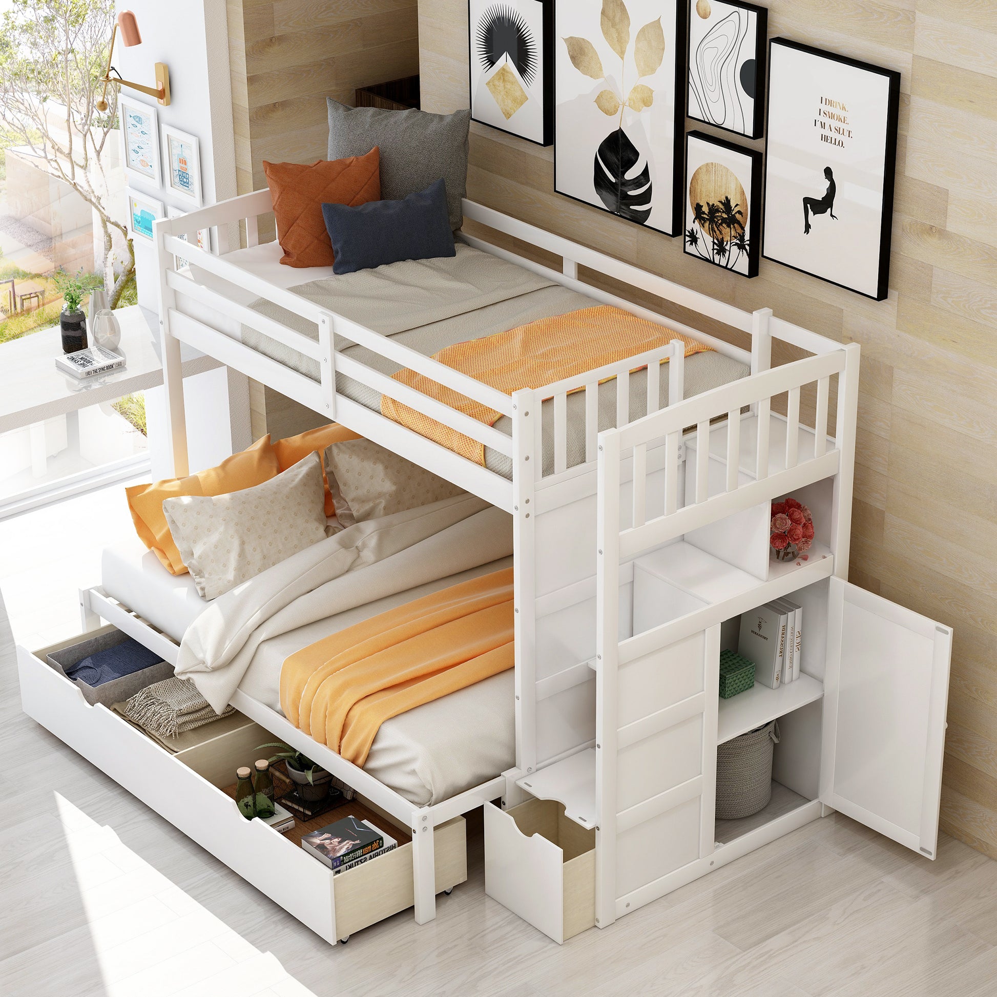 Twin Over Full Twin Bunk Bed, Convertible Bottom Bed, Storage Shelves And Drawers, White White Pine