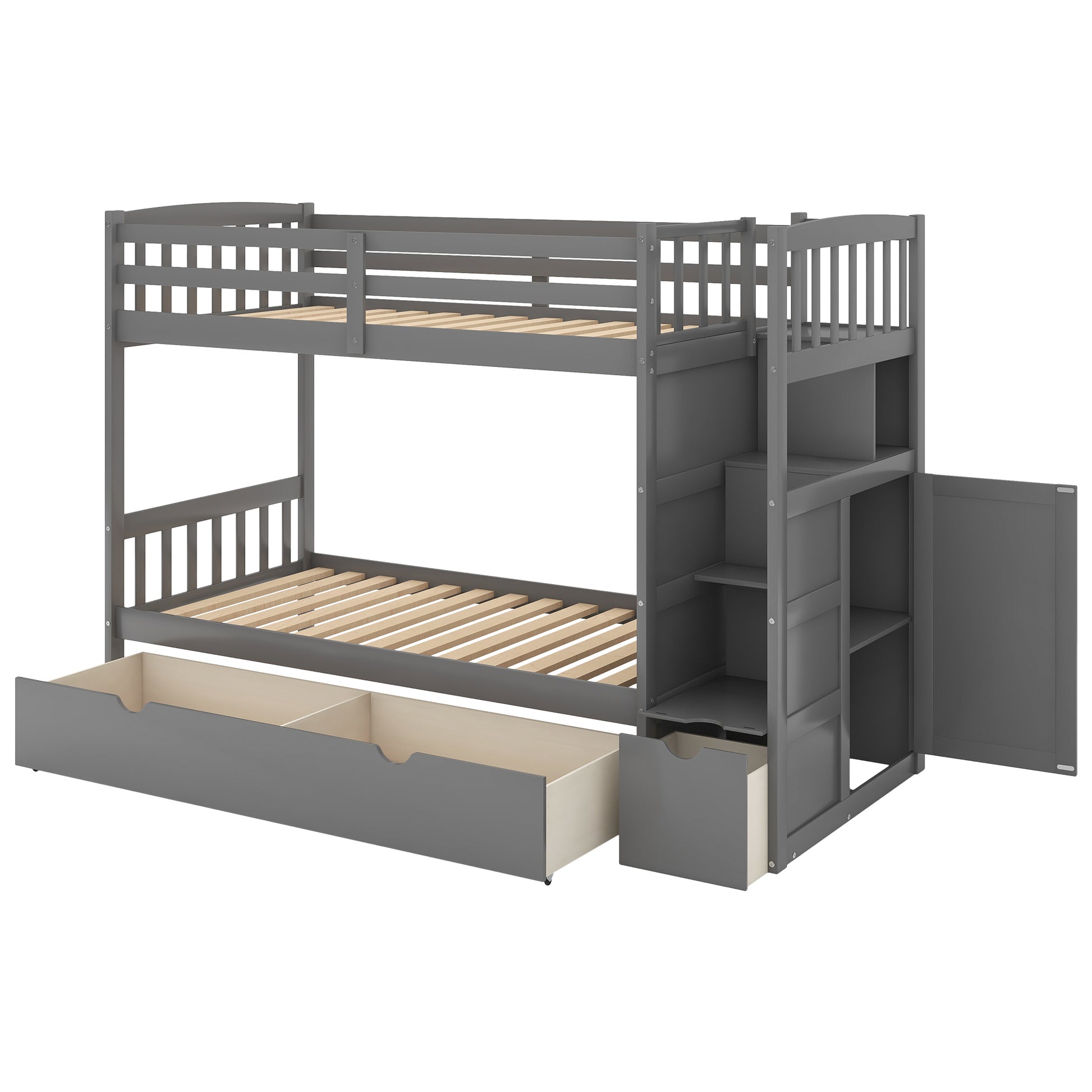 Twin Over Full Twin Bunk Bed, Convertible Bottom Bed, Storage Shelves And Drawers, Gray Gray Pine