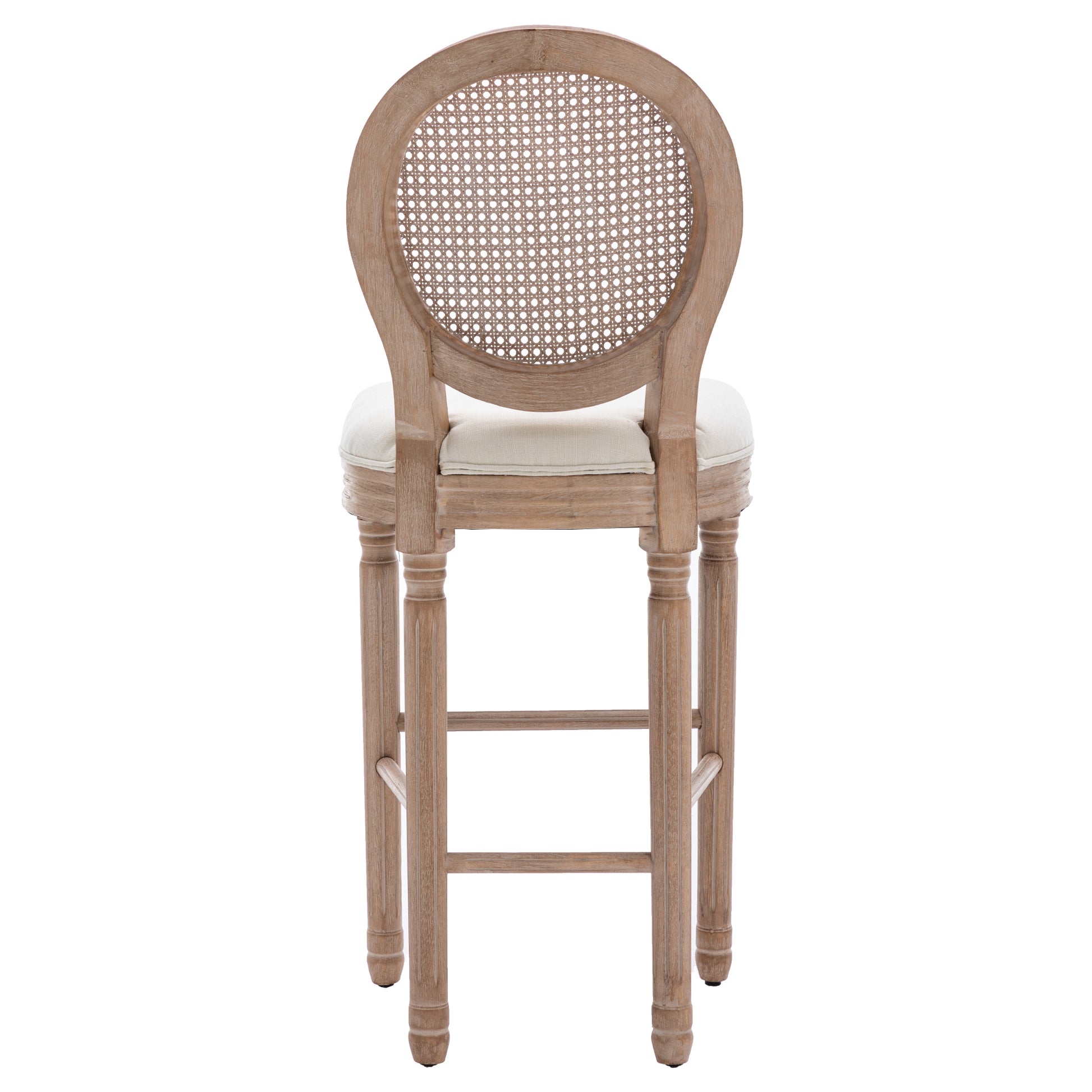 Hengming French Country Wooden Barstools Rattan Back With Upholstered Seatingbeige And Natural Beige Foam Fabric