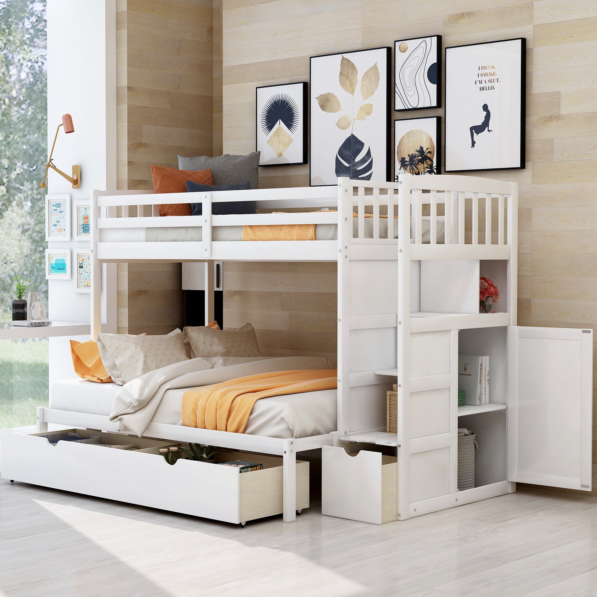 Twin Over Full Twin Bunk Bed, Convertible Bottom Bed, Storage Shelves And Drawers, White White Pine