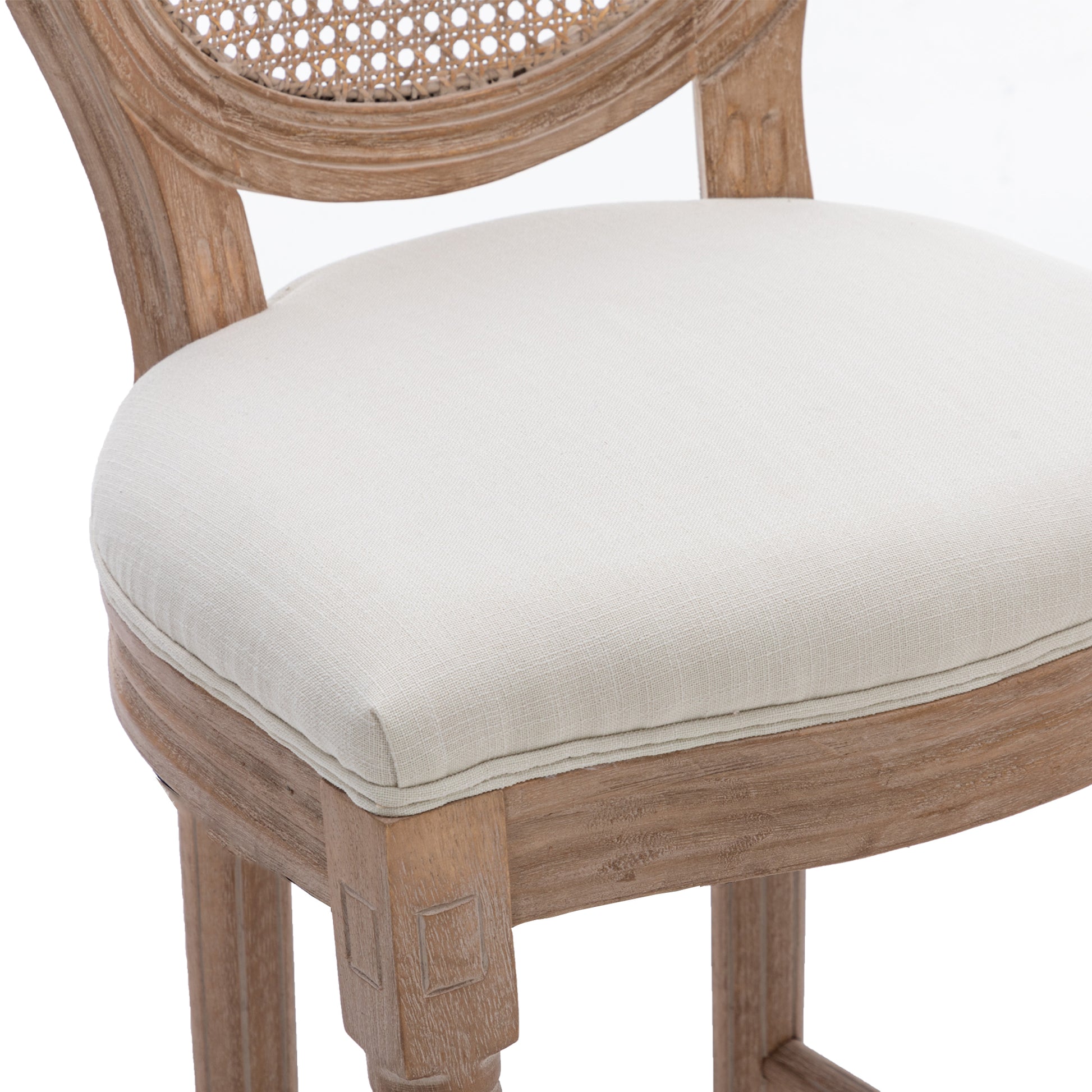 Hengming French Country Wooden Barstools Rattan Back With Upholstered Seatingbeige And Natural Beige Foam Fabric