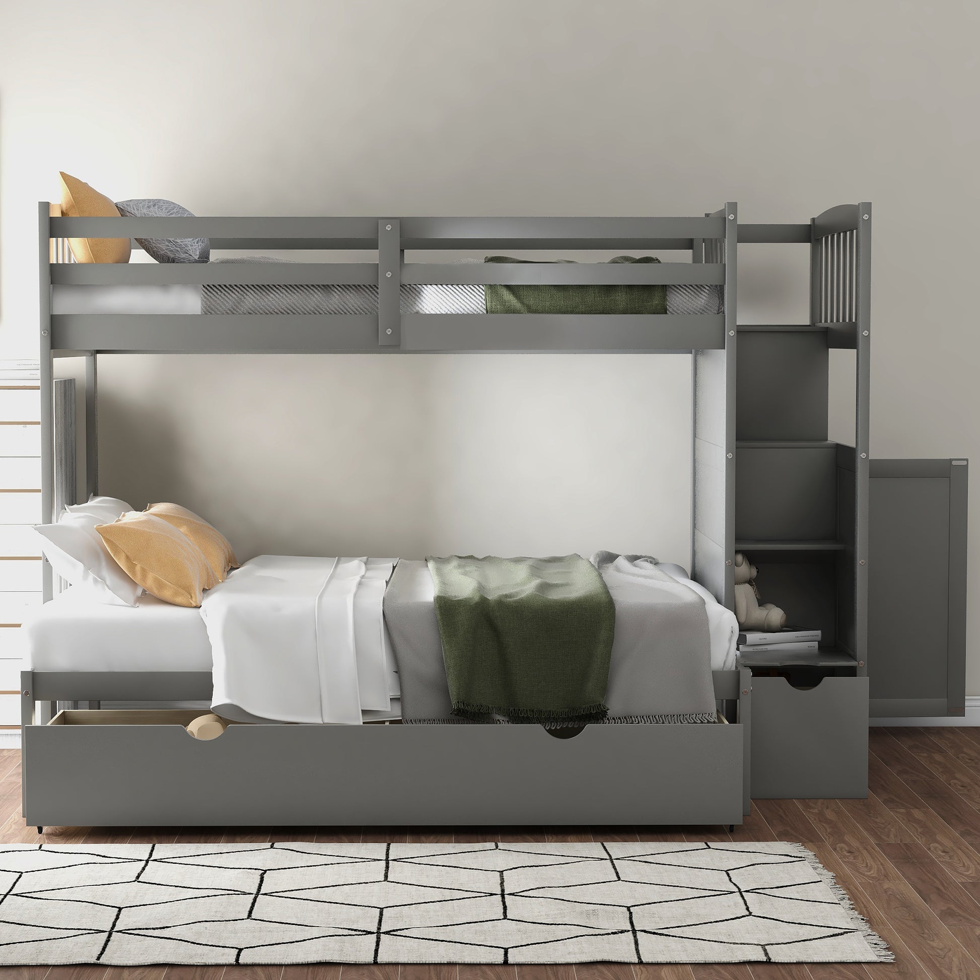 Twin Over Full Twin Bunk Bed, Convertible Bottom Bed, Storage Shelves And Drawers, Gray Gray Pine