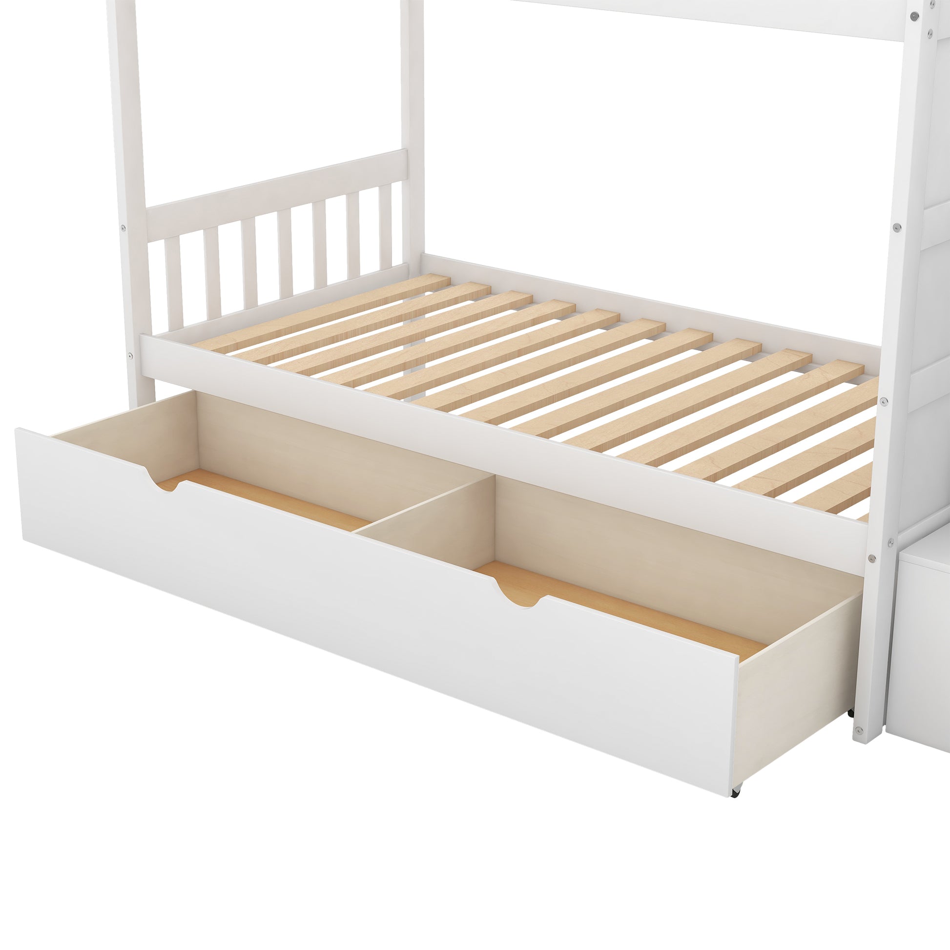 Twin Over Full Twin Bunk Bed, Convertible Bottom Bed, Storage Shelves And Drawers, White White Pine