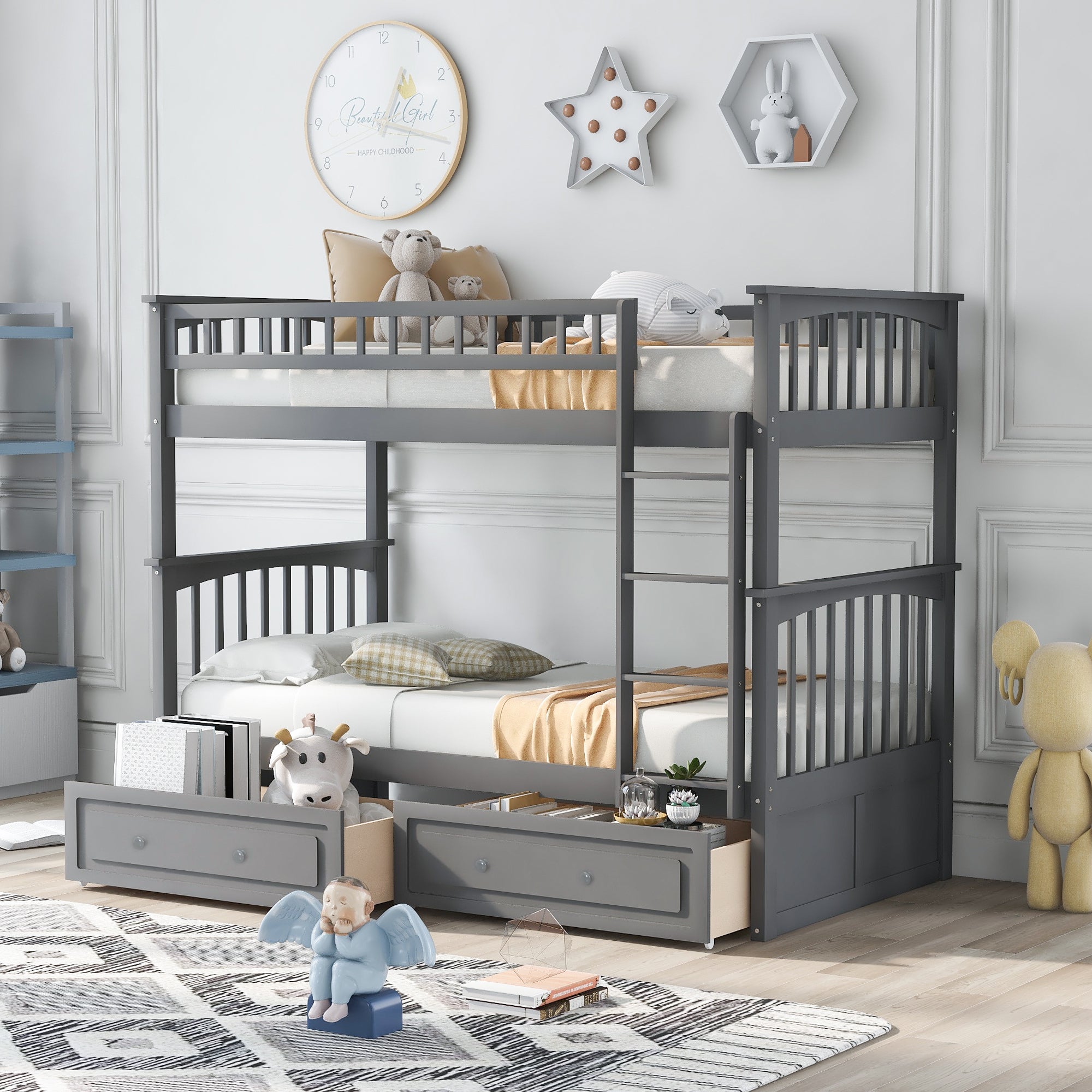 Twin Over Twin Bunk Bed With Drawers, Convertible Beds, Gray Old Sku: Sm000240Aae 1 Box Spring Not Required Twin Gray Wood Bedroom Bunk Pine