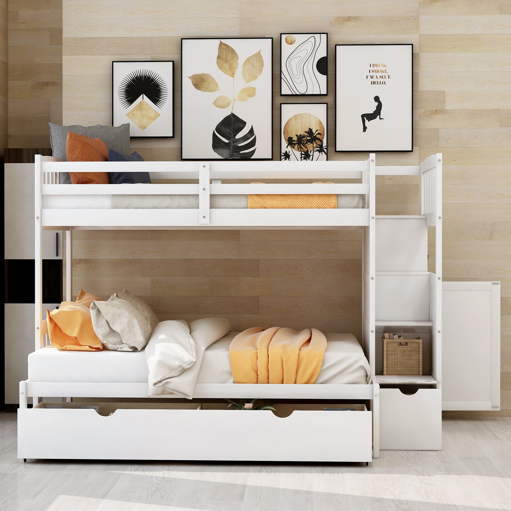 Twin Over Full Twin Bunk Bed, Convertible Bottom Bed, Storage Shelves And Drawers, White White Pine