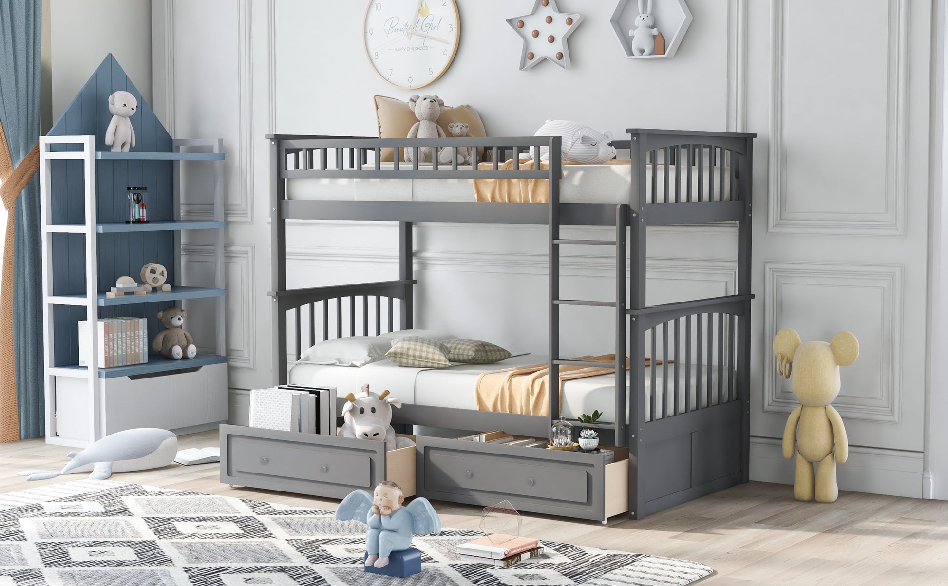 Twin Over Twin Bunk Bed With Drawers, Convertible Beds, Gray Old Sku: Sm000240Aae 1 Box Spring Not Required Twin Gray Wood Bedroom Bunk Pine