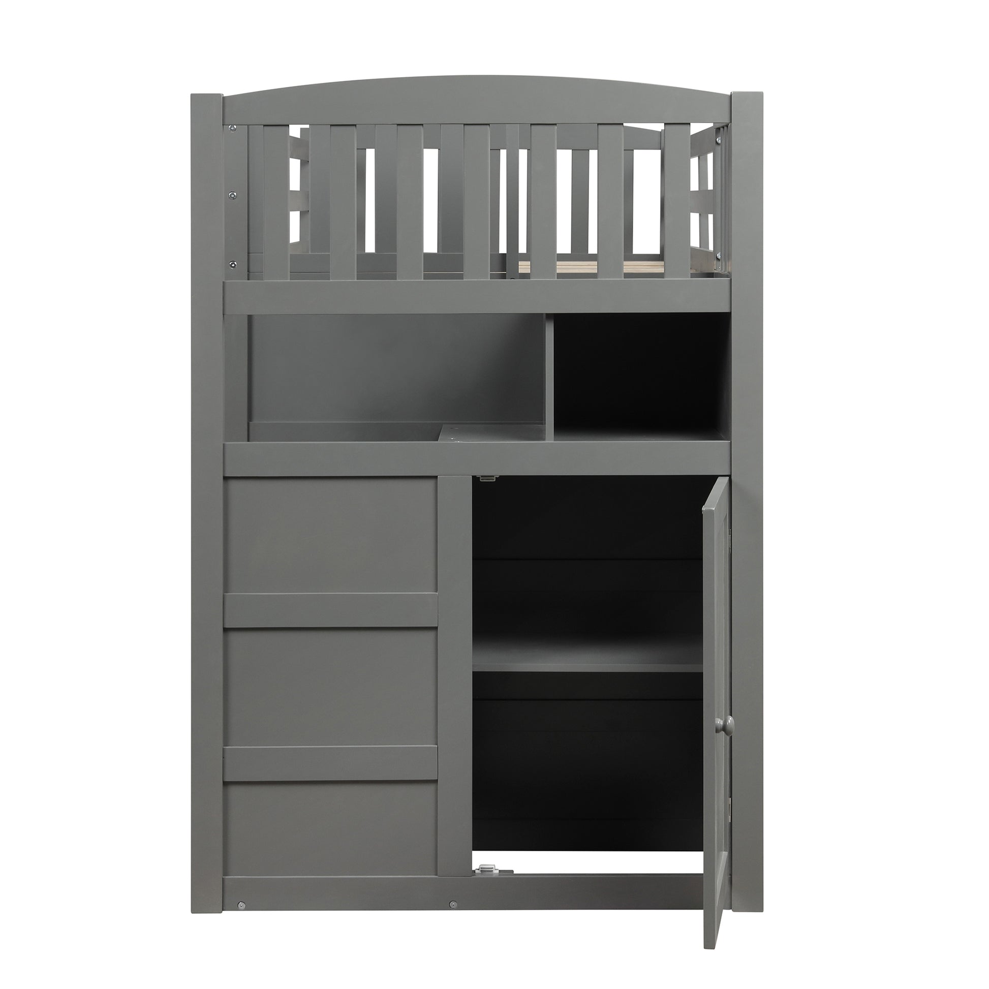 Twin Over Full Twin Bunk Bed, Convertible Bottom Bed, Storage Shelves And Drawers, Gray Gray Pine