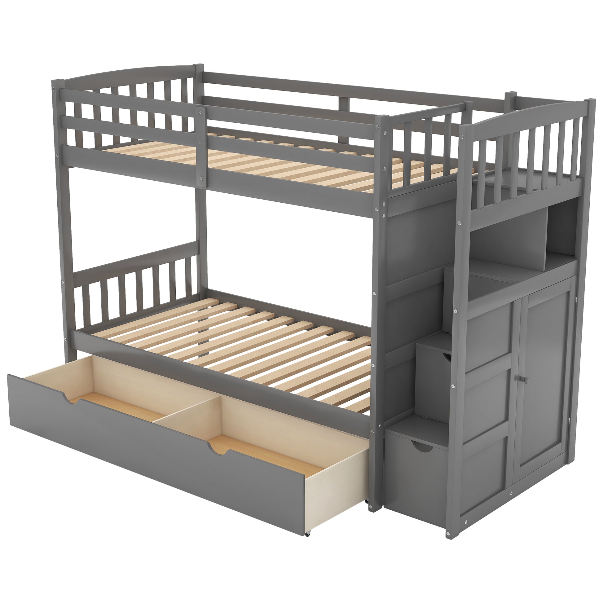 Twin Over Full Twin Bunk Bed, Convertible Bottom Bed, Storage Shelves And Drawers, Gray Gray Pine