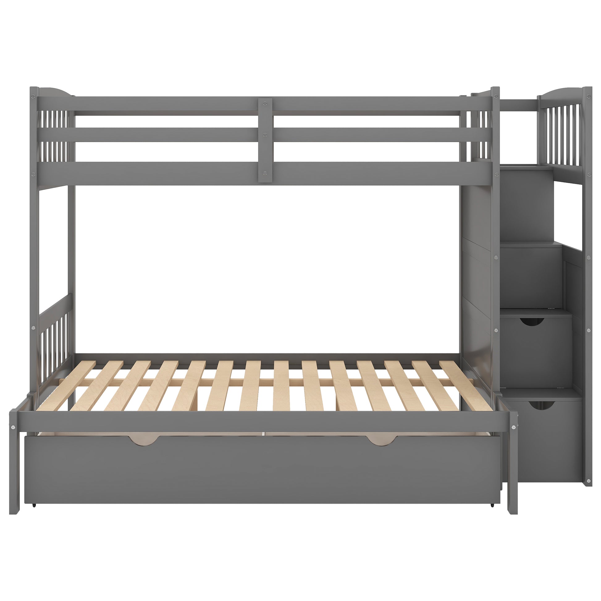 Twin Over Full Twin Bunk Bed, Convertible Bottom Bed, Storage Shelves And Drawers, Gray Gray Pine