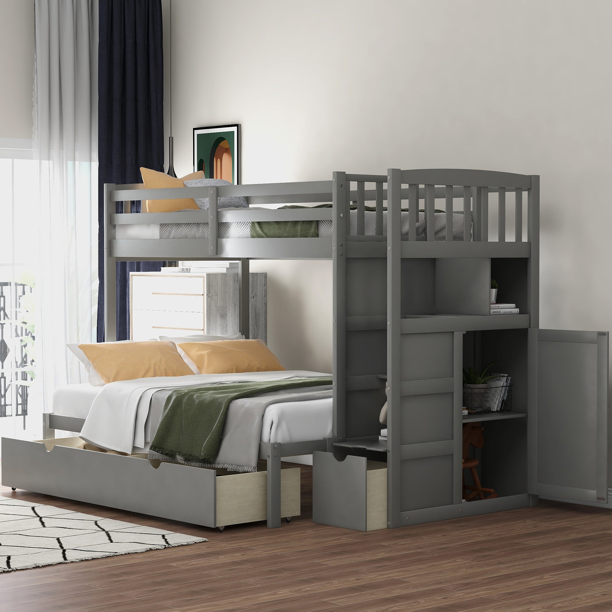 Twin Over Full Twin Bunk Bed, Convertible Bottom Bed, Storage Shelves And Drawers, Gray Gray Pine