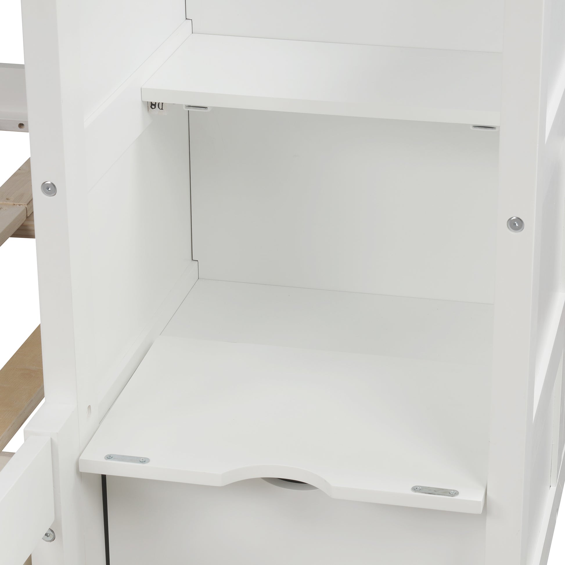 Twin Over Full Twin Bunk Bed, Convertible Bottom Bed, Storage Shelves And Drawers, White White Pine