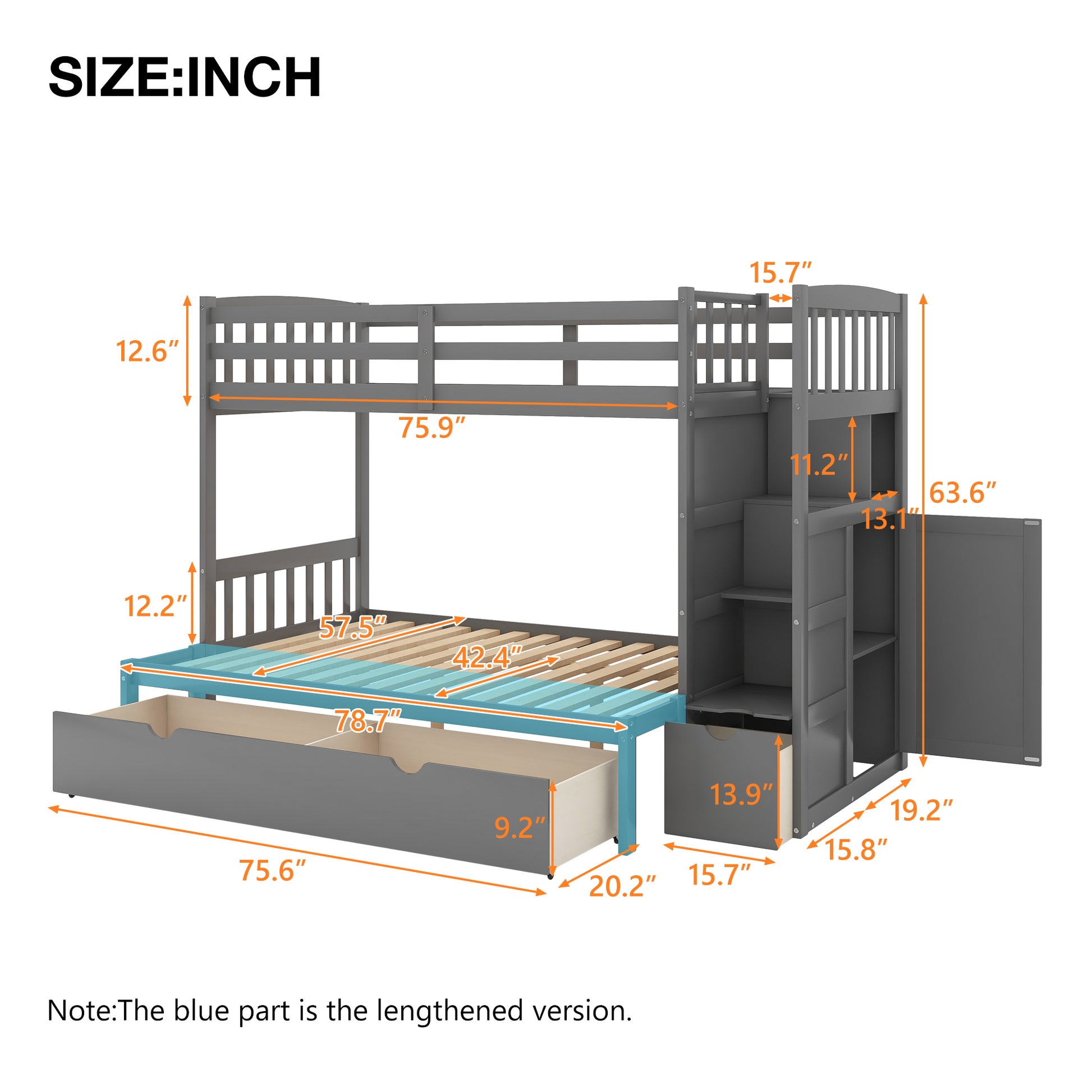 Twin Over Full Twin Bunk Bed, Convertible Bottom Bed, Storage Shelves And Drawers, Gray Gray Pine