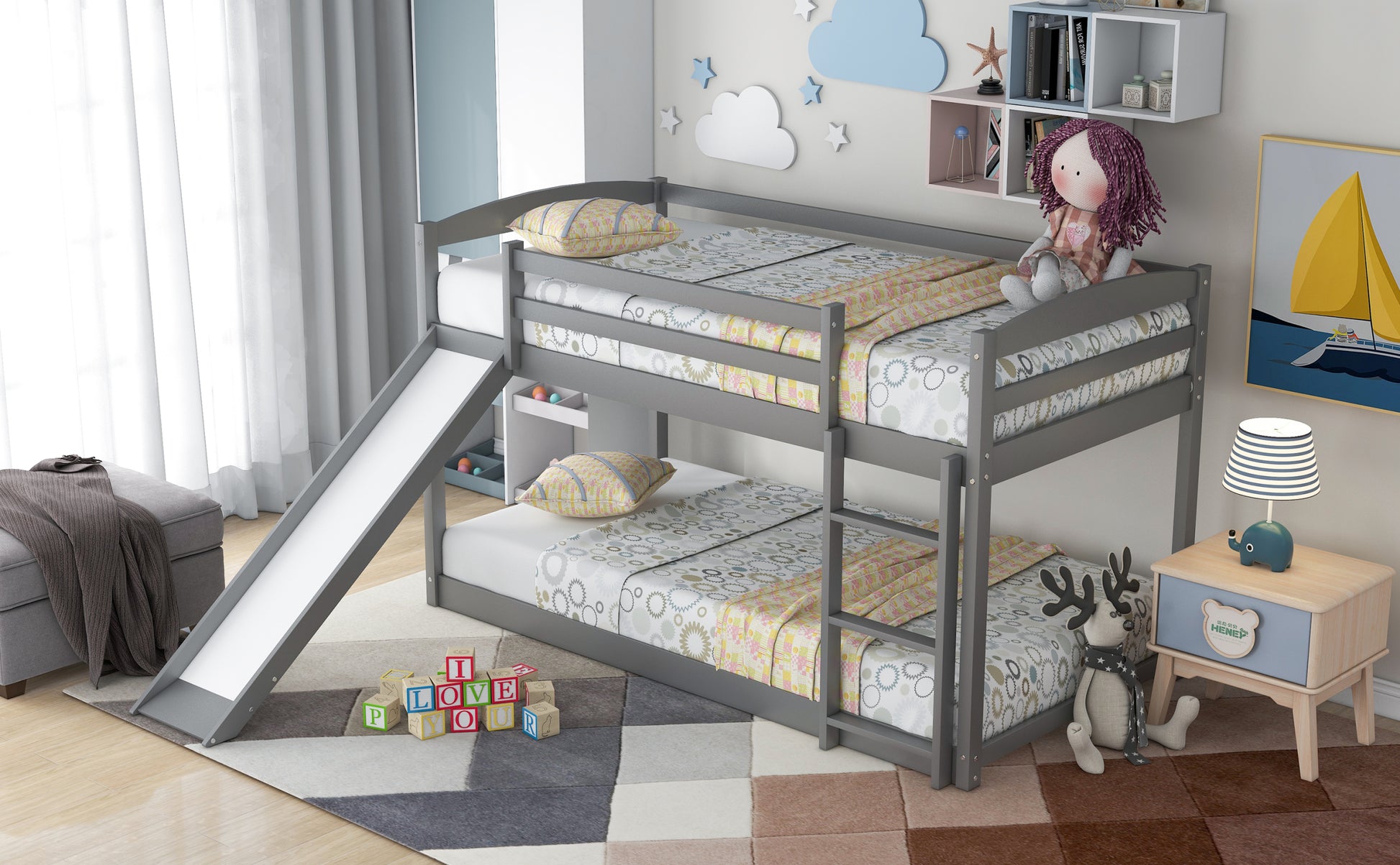 Twin Over Twin Bunk Bed With Convertible Slide And Laddergray Old Sku:Wf281725Aae Gray Pine