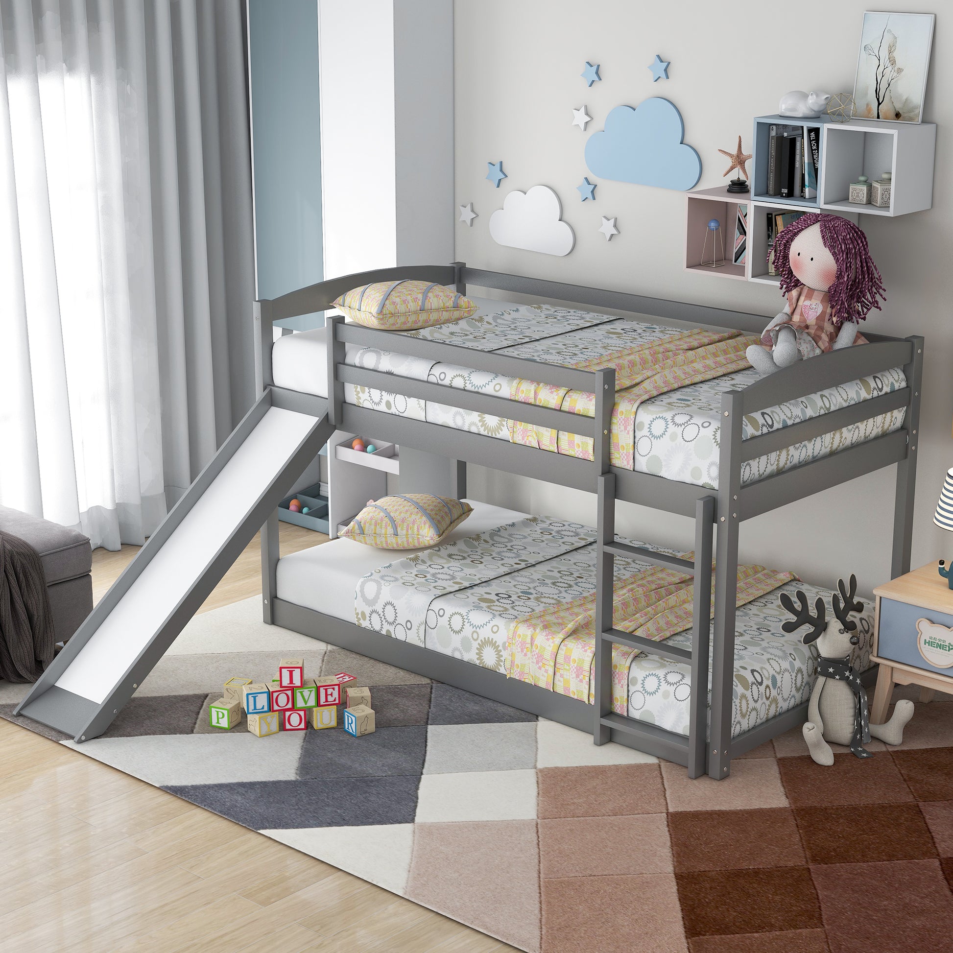 Twin Over Twin Bunk Bed With Convertible Slide And Laddergray Old Sku:Wf281725Aae Gray Pine