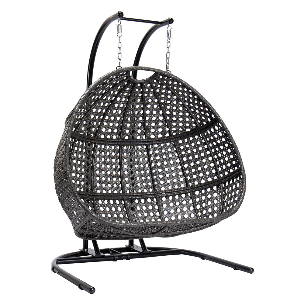 Charcoal Wicker Hanging Double Seat Swing Chair With Stand W Dust Blue Cushion Black Rattan
