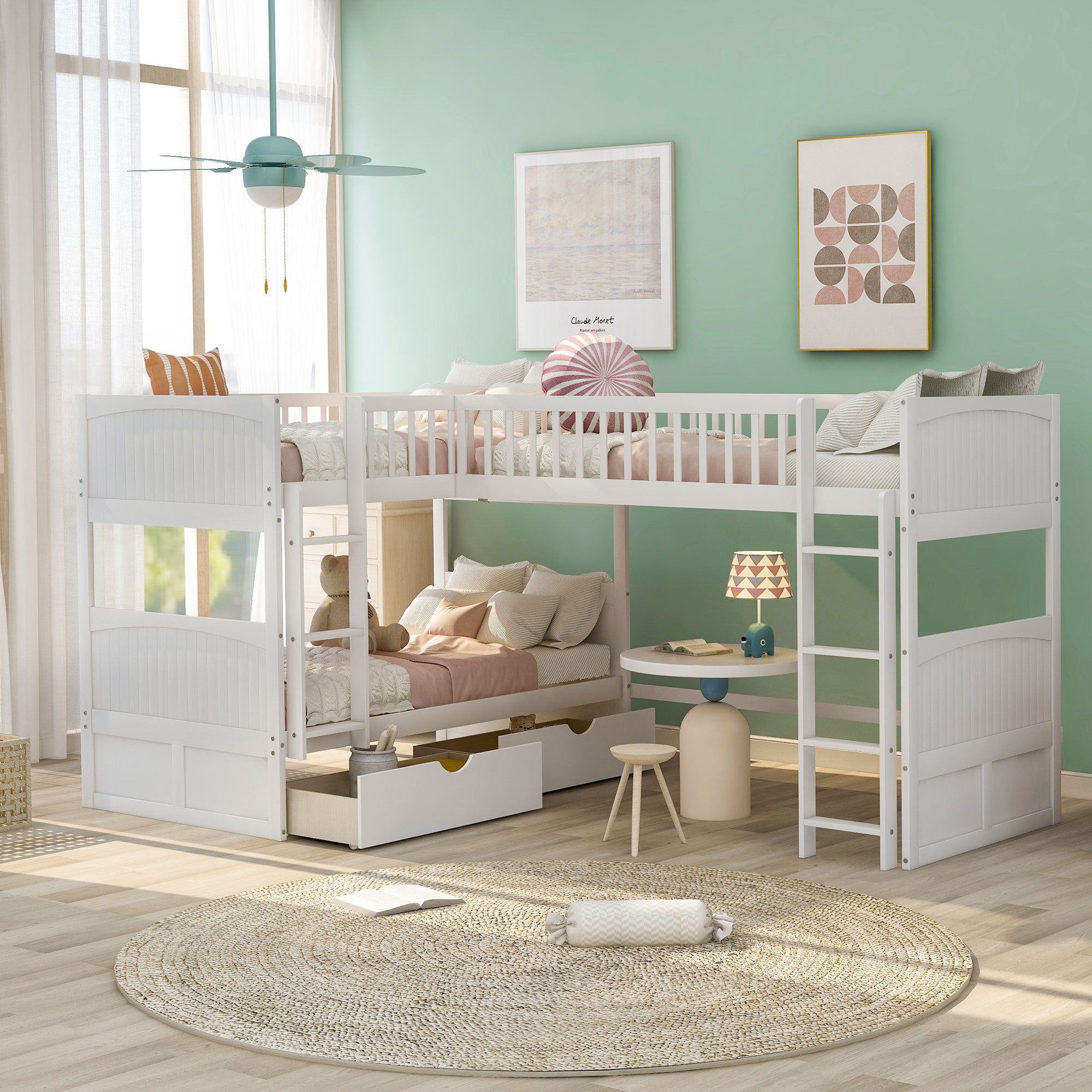 Twin Size Bunk Bed With A Loft Bed Attached, With Two Drawers,White White Pine