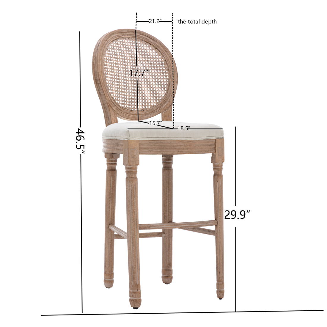 Hengming French Country Wooden Barstools Rattan Back With Upholstered Seatingbeige And Natural Beige Foam Fabric