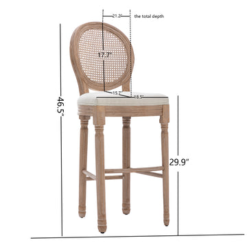 Hengming French Country Wooden Barstools Rattan Back With Upholstered Seatingbeige And Natural Beige Foam Fabric