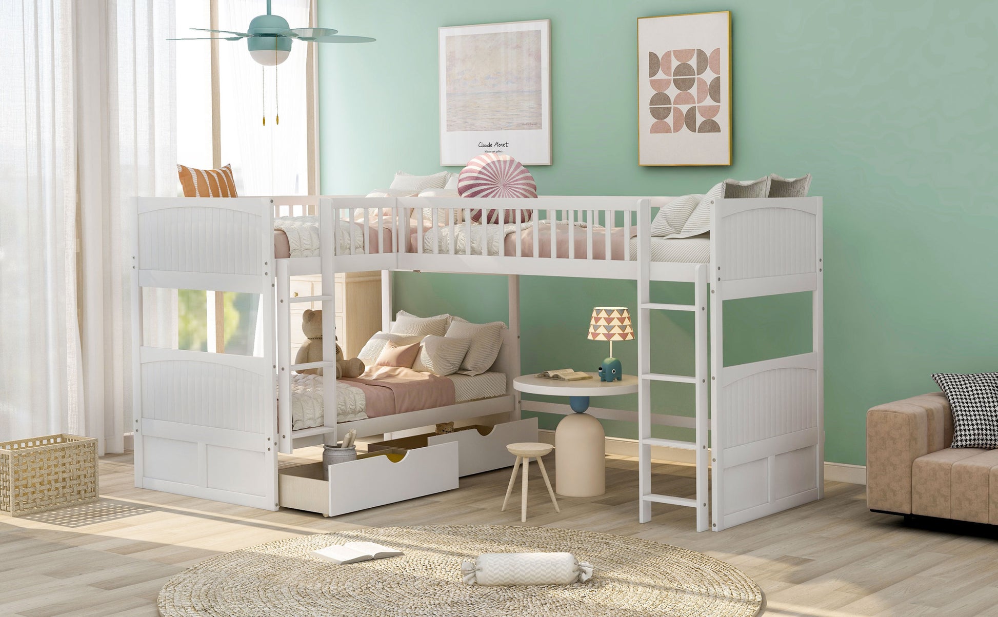 Twin Size Bunk Bed With A Loft Bed Attached, With Two Drawers,White White Pine