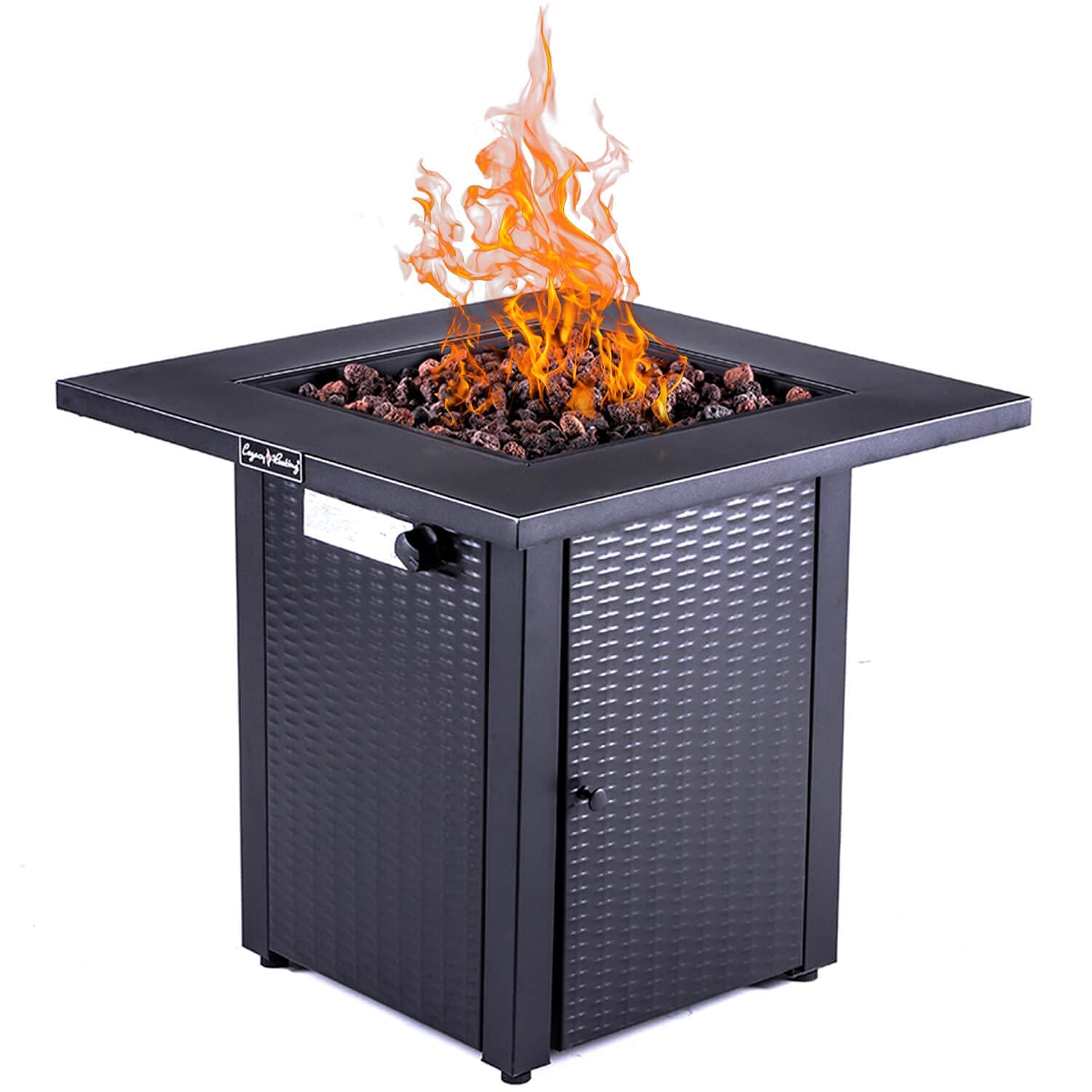 28In Outdoor Propane Fire Pit Table, 50,000Btu, Outside Gas Dinning Fire Table With Lid, Rattan & Wicker Look, Lava Stone, Etl Certification, With Adjustable Flame Apply To Garden Patio Backyard Black Metal