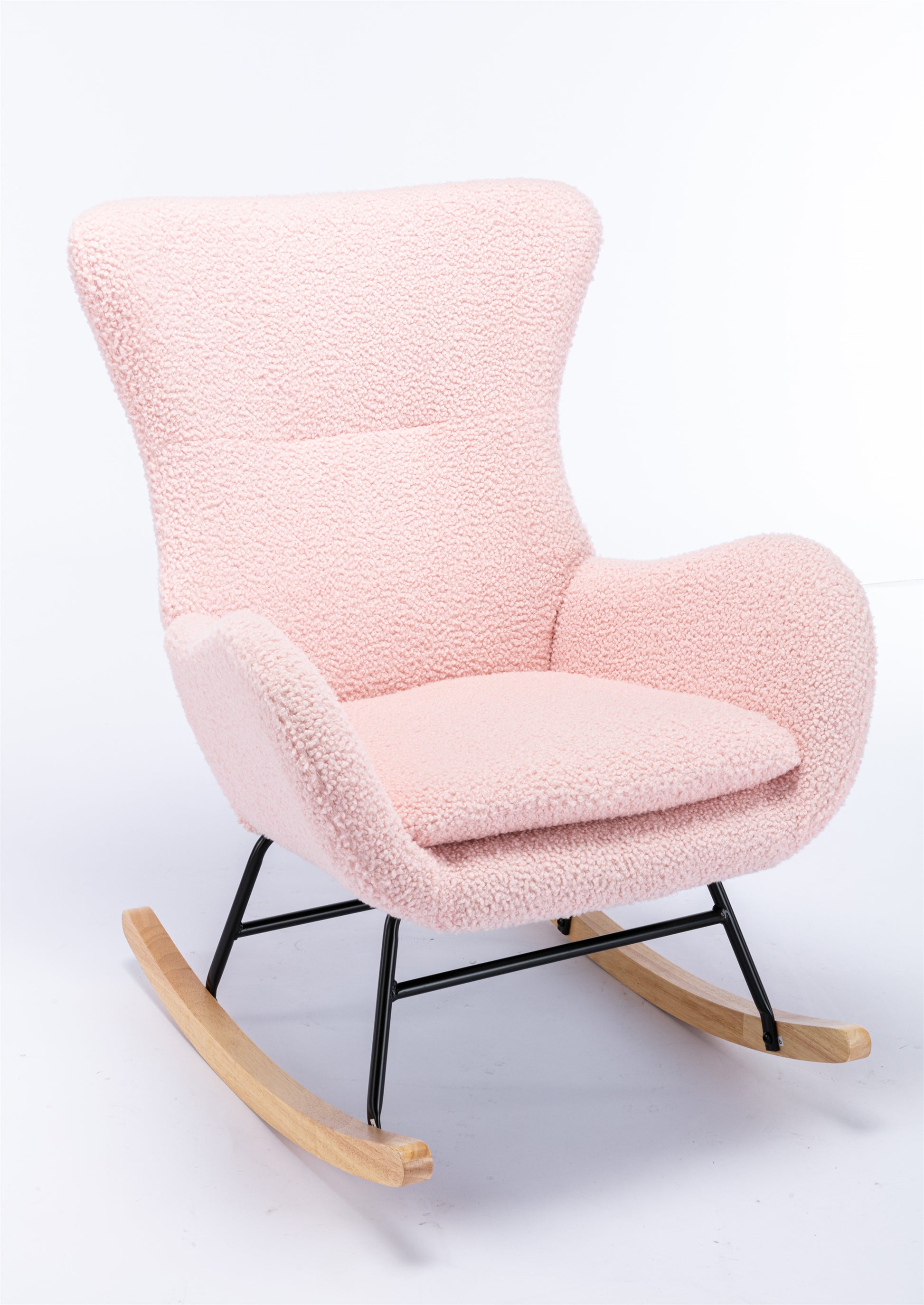 Teddy Fabric Padded Seat Rocking Chair With High Backrest And Armrests Pink Foam Upholstered