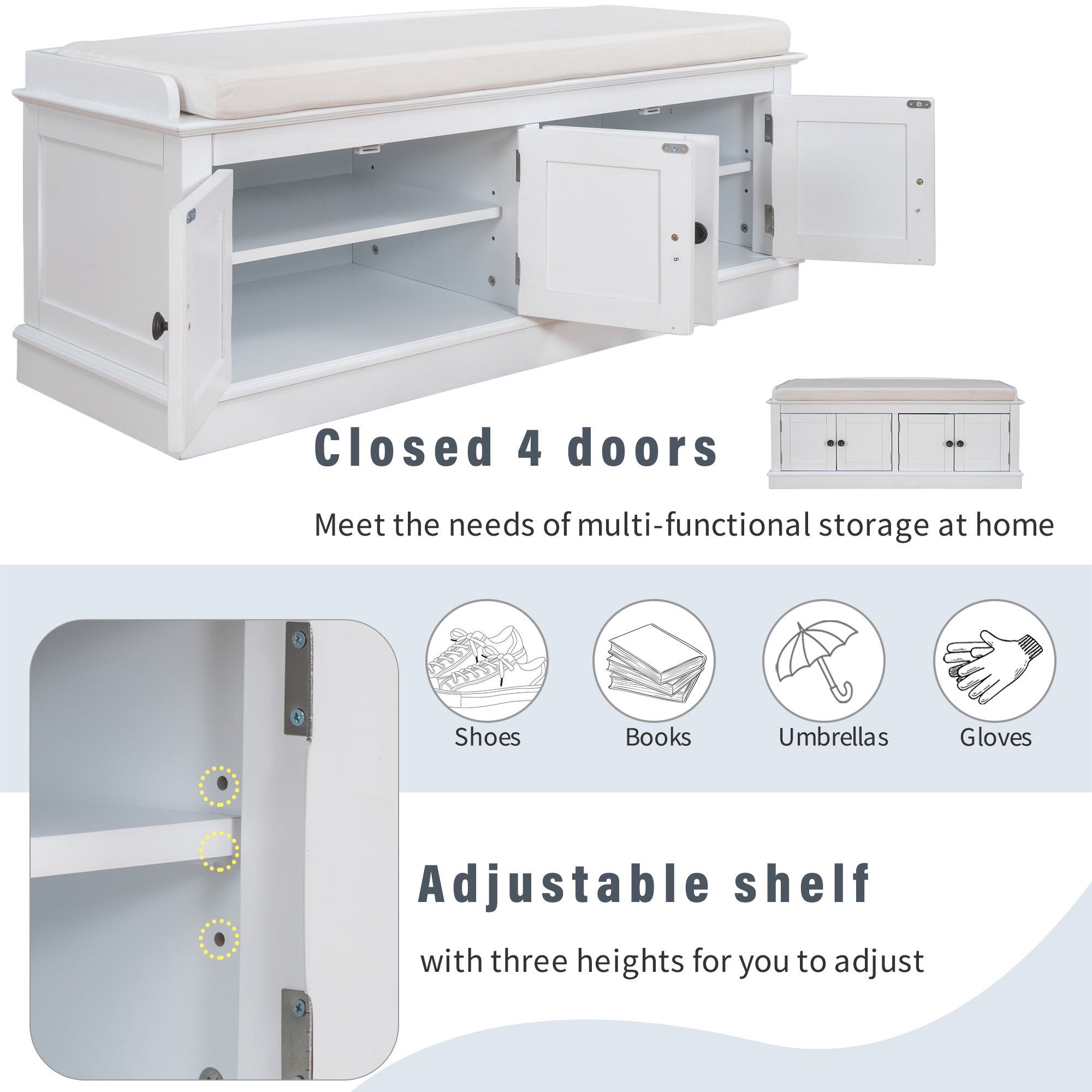 Storage Bench with 4 Doors and Adjustable white-solid wood