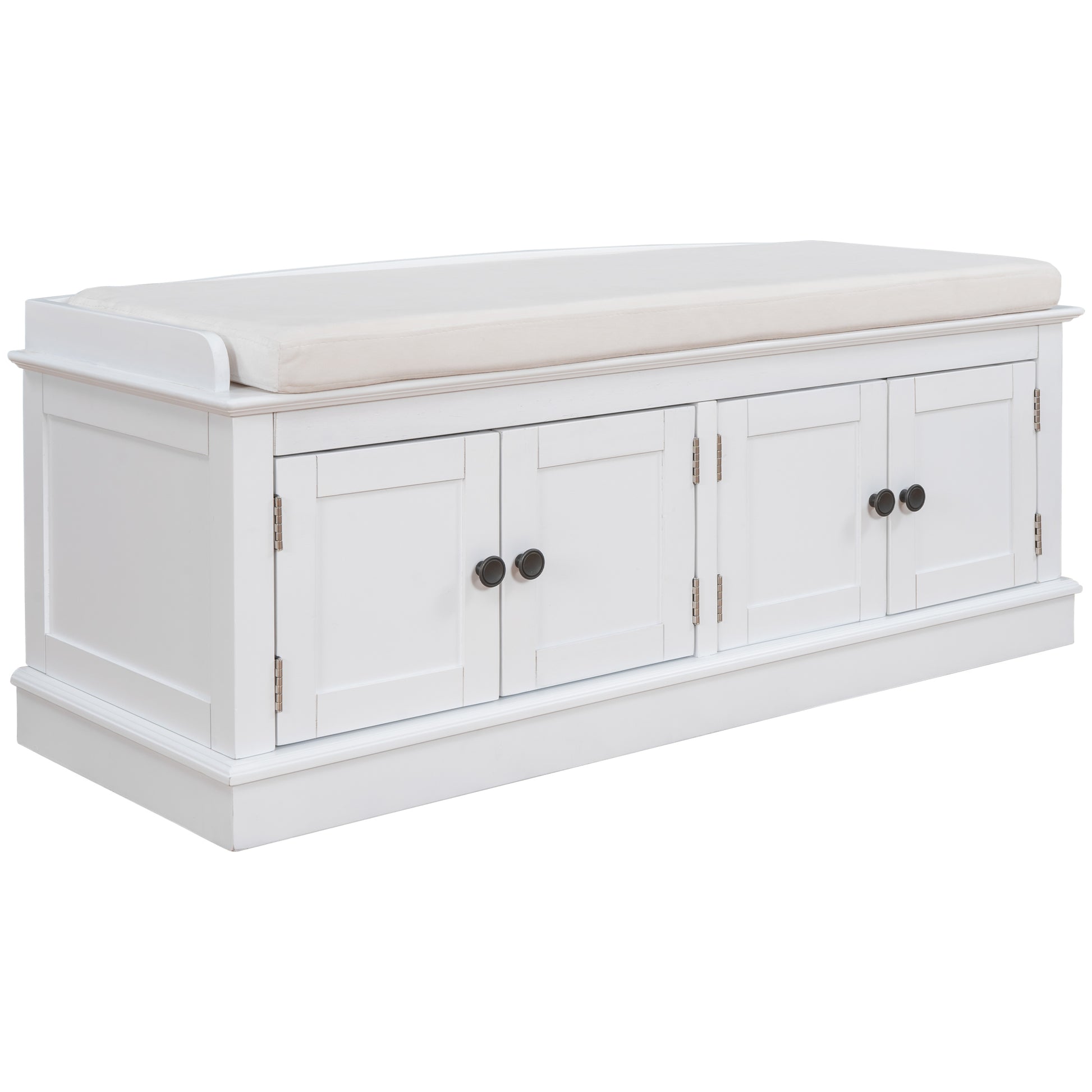 Storage Bench With 4 Doors And Adjustable Shelves, Shoe Bench With Removable Cushion For Living Room, Entryway White White Solid Wood