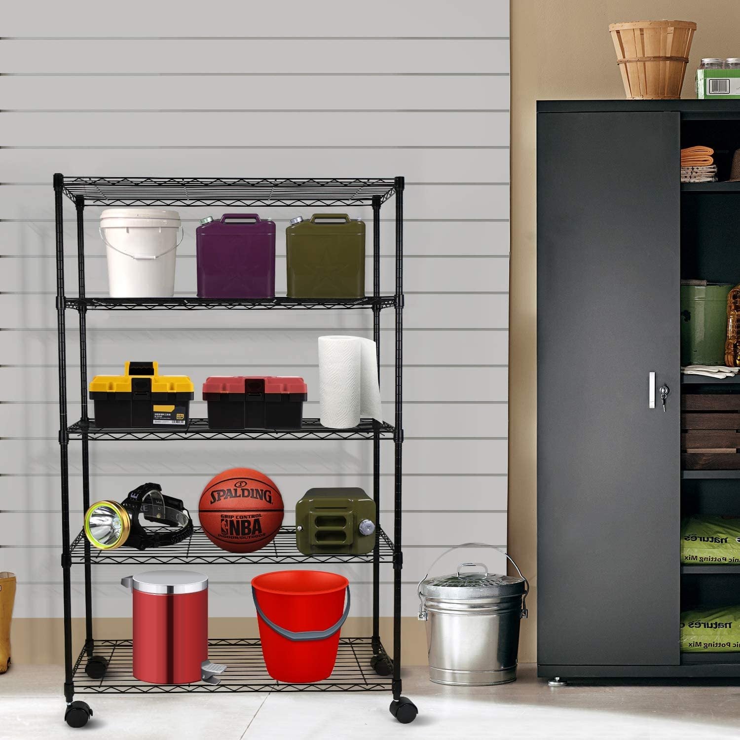 Simple Deluxe Heavy Duty 5 Shelf Shelving Unit With Wheel And Adjustable Feet, 36'' X 14'' X 60'', 5 Tier Black Iron