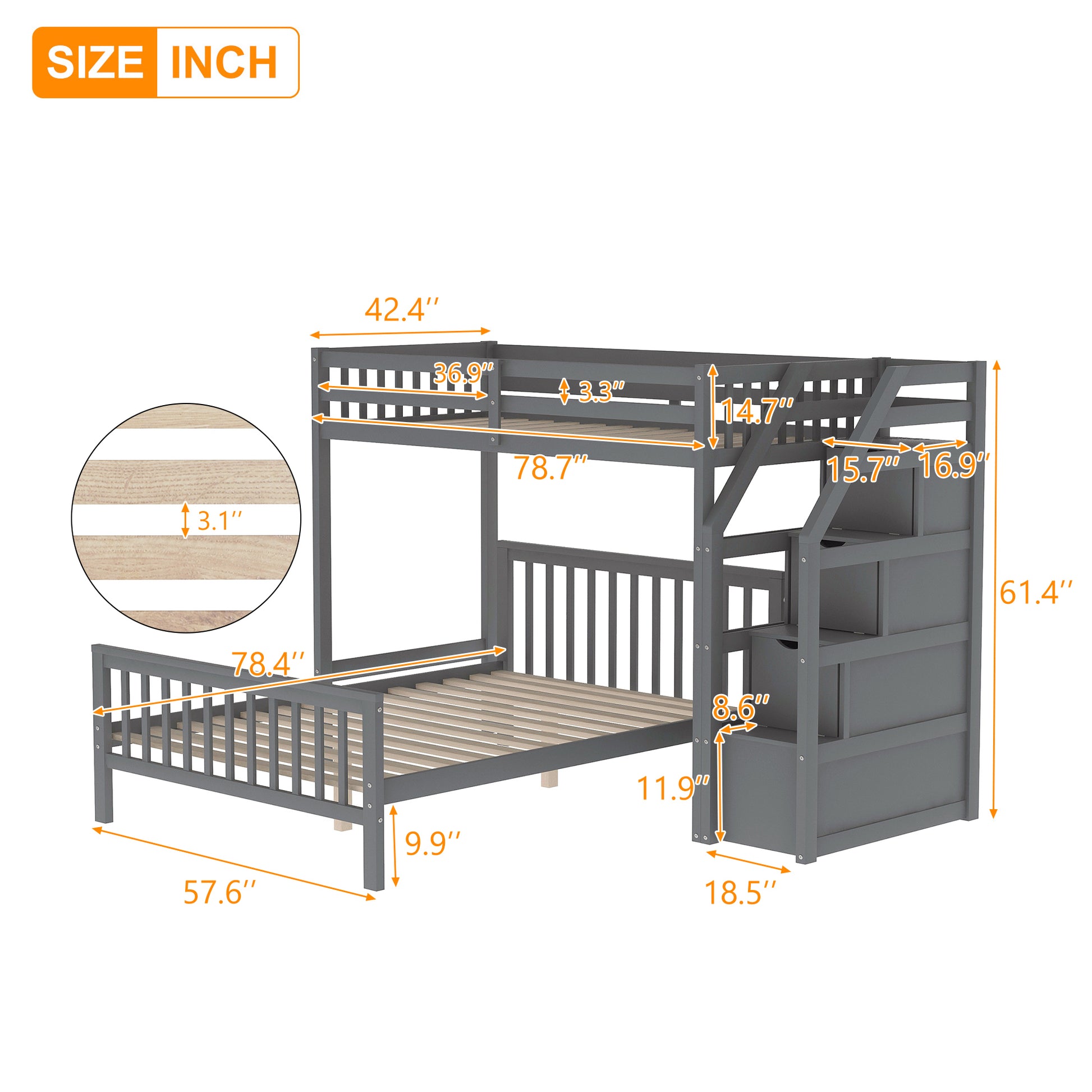 Twin Over Full Loft Bed With Staircase,Gray Old Sku:Sm000107Aae Gray Pine