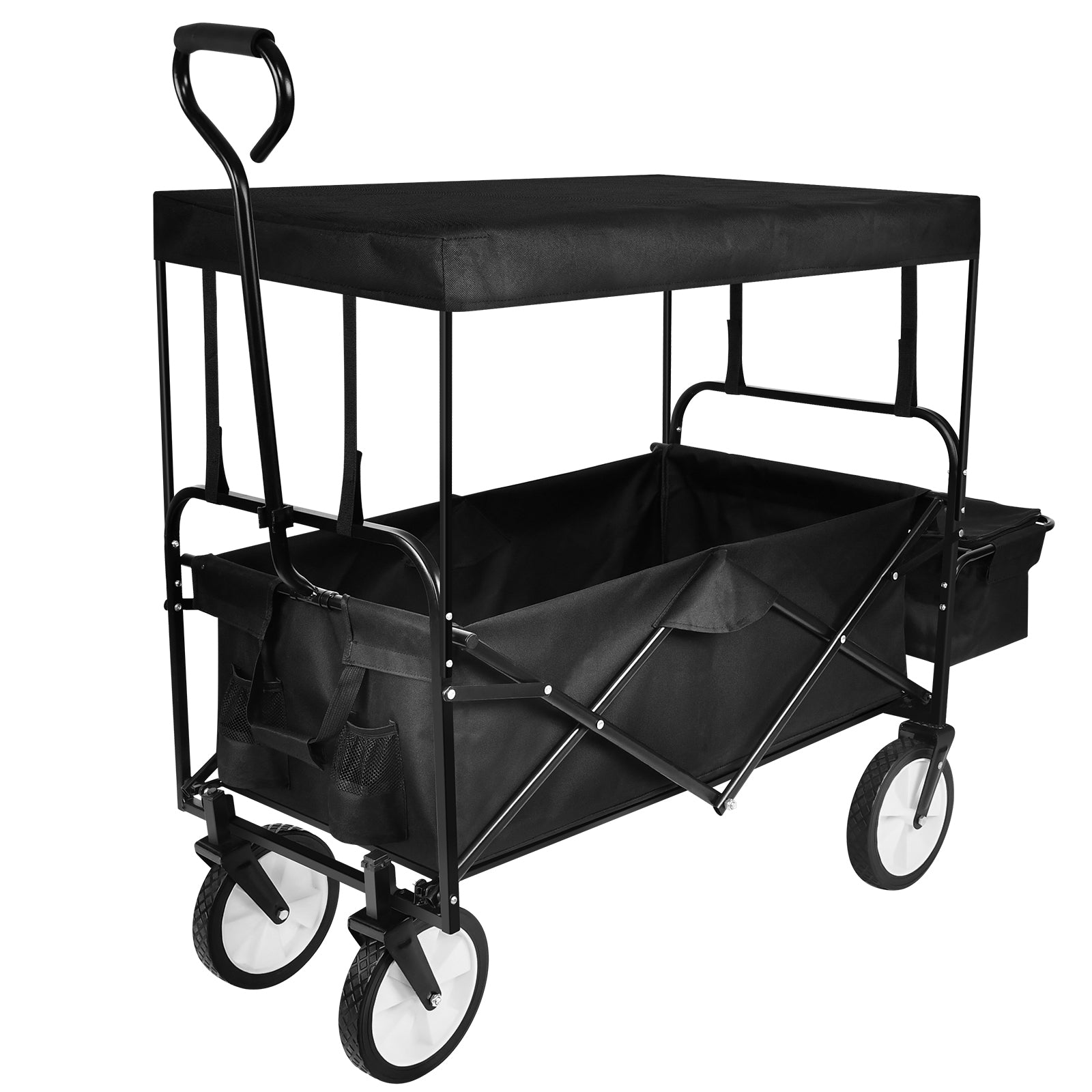 Yssoa Heavy Duty Folding Portable Hand Cart With Removable Canopy, 8'' Wheels, Adjustable Handles And Double Fabric For Shopping, Picnic, Beach, Camping Black Steel