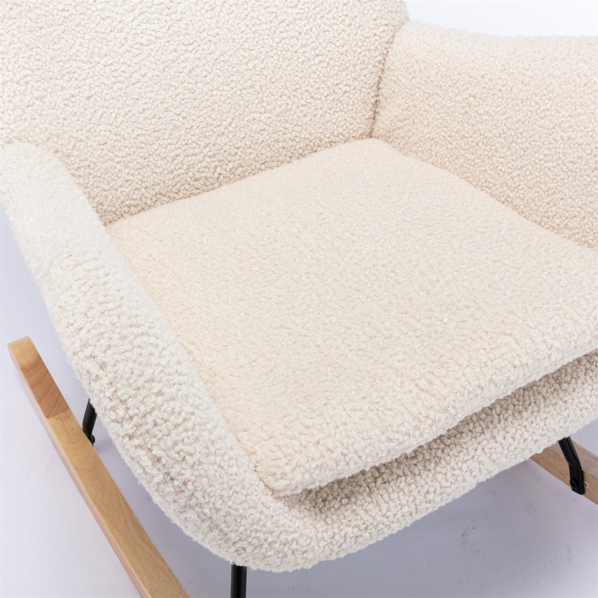 Teddy Fabric Padded Seat Rocking Chair With High Backrest And Armrests Beige Foam Upholstered