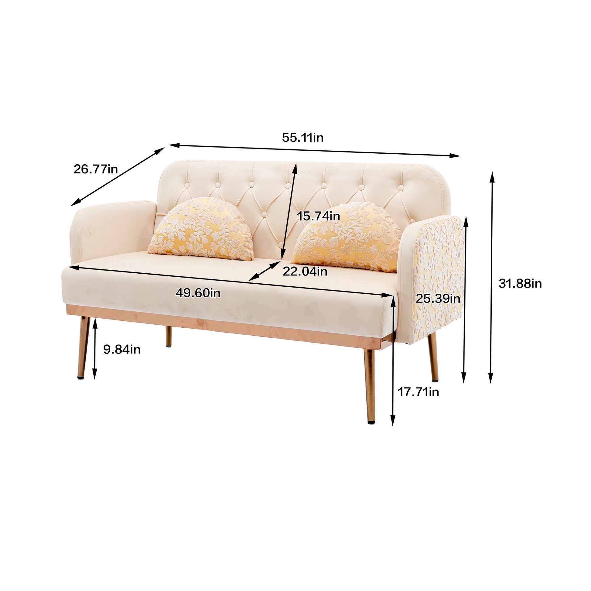 Coolmore Modern Velvet Loveseat Sofacomfy Upholstered 2 Seater Sofa With Gold Metal Legs, Small Loveseat Accent Couch For Living Bedroom Leisure Areas Beige Velvet Beige Foam Polyester 2 Seat