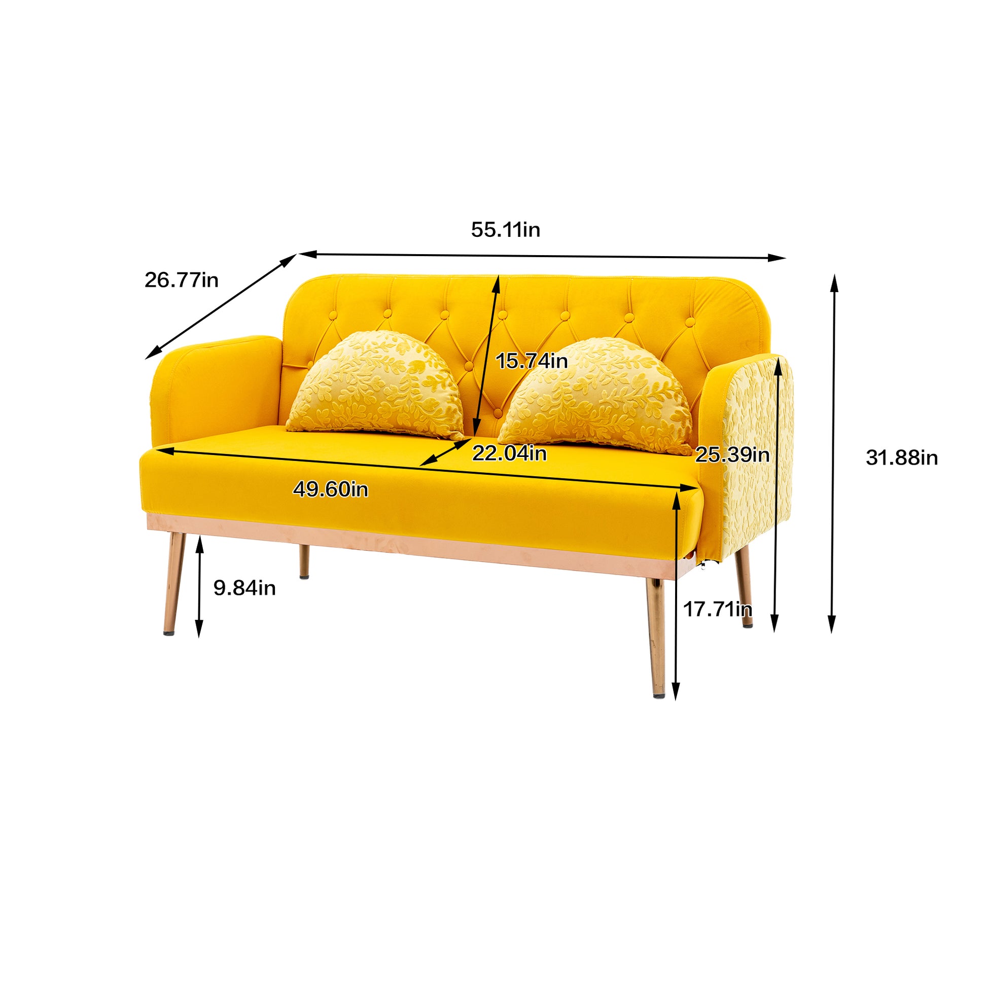 Coolmore Modern Velvet Loveseat Sofacomfy Upholstered 2 Seater Sofa With Gold Metal Legs, Small Loveseat Accent Couch For Living Bedroom Leisure Areas Yellow Velvet Yellow Foam Polyester 2 Seat