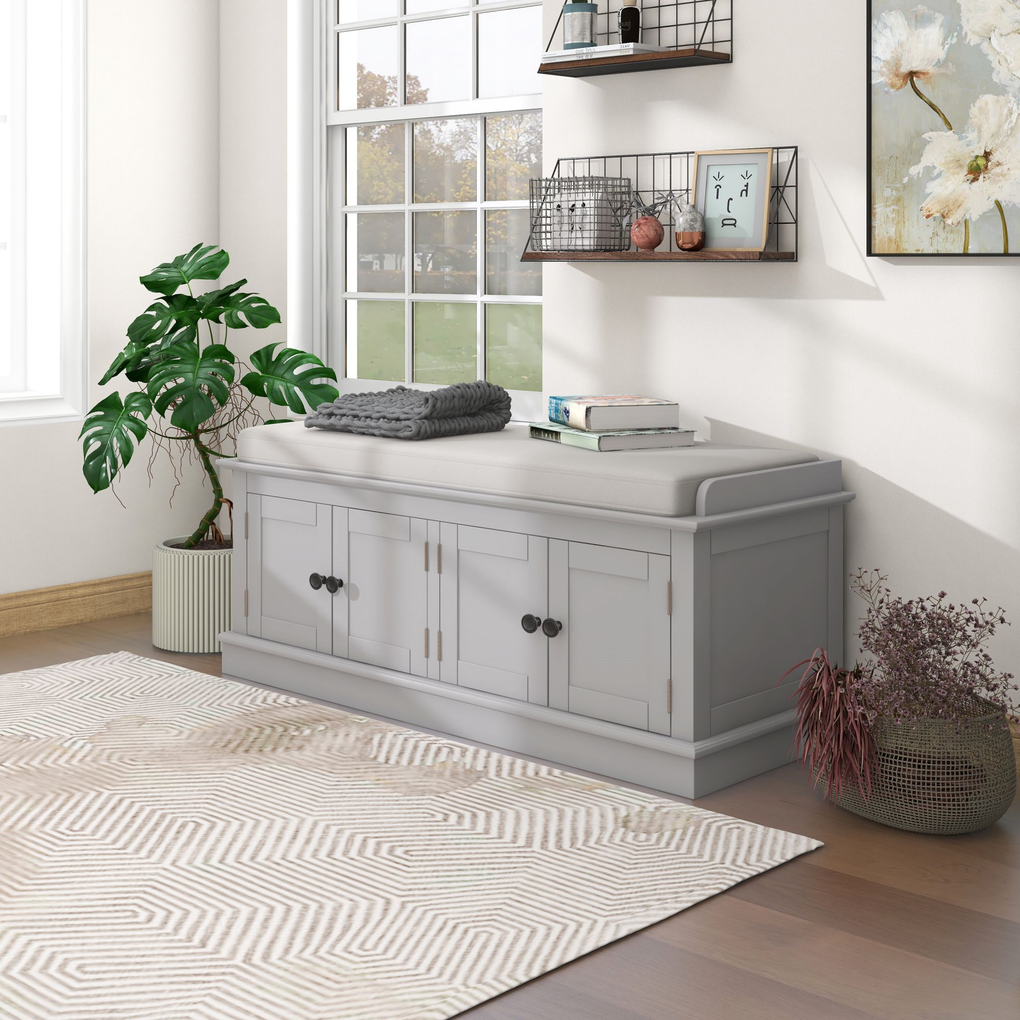 Storage Bench with 4 Doors and Adjustable gray wash-solid wood