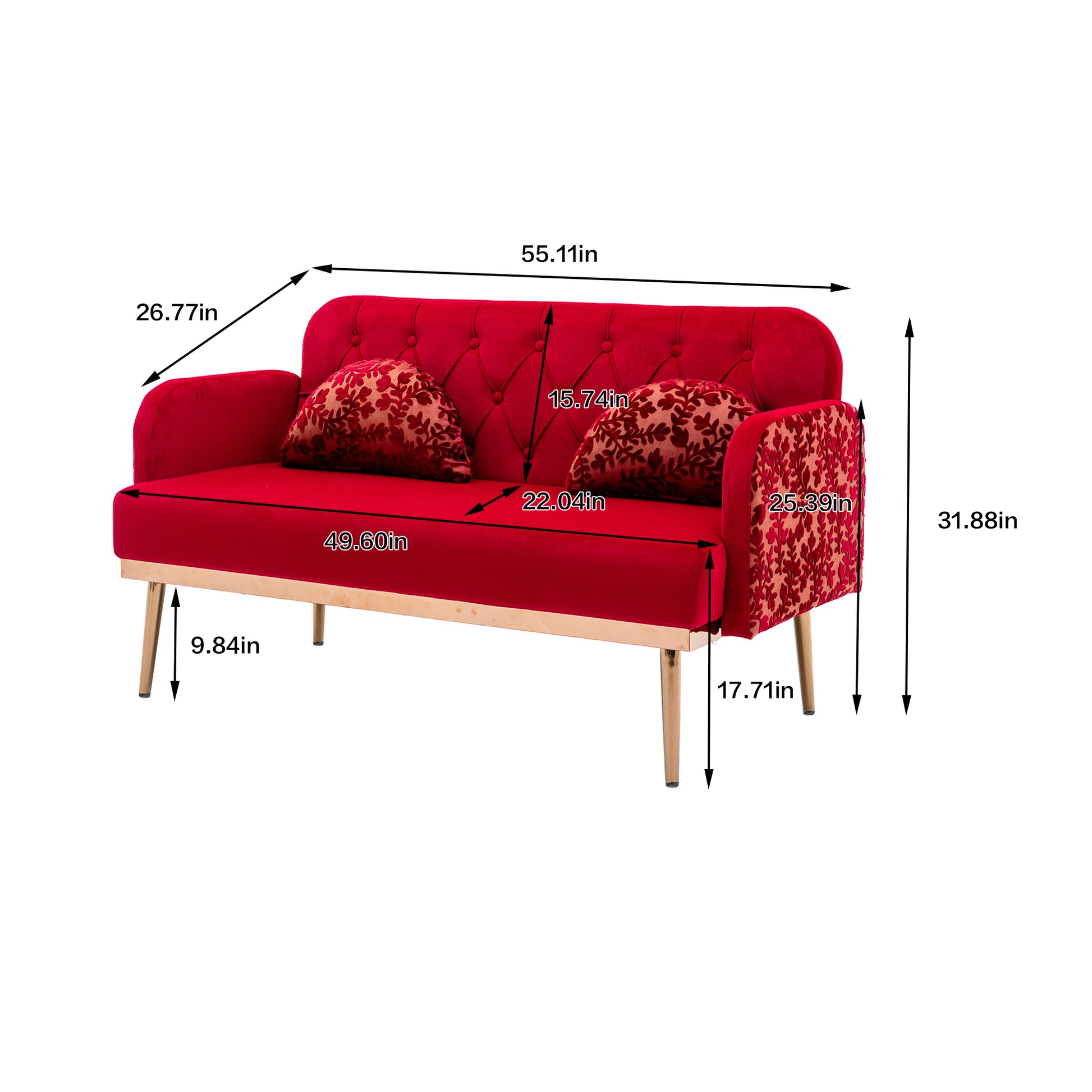 Coolmore Modern Velvet Loveseat Sofacomfy Upholstered 2 Seater Sofa With Gold Metal Legs, Small Loveseat Accent Couch For Living Bedroom Leisure Areas Red Velvet Red Foam Polyester 2 Seat