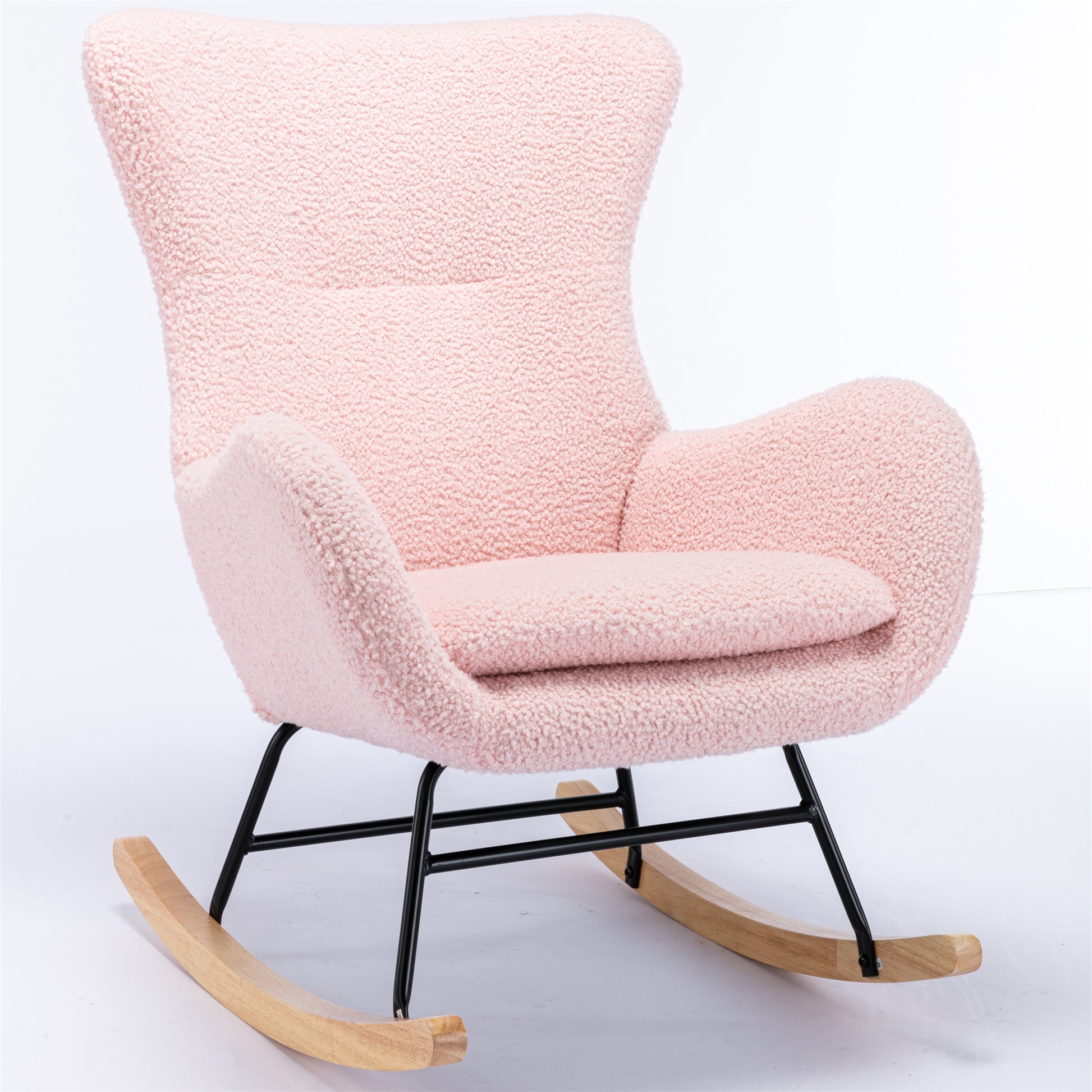 Teddy Fabric Padded Seat Rocking Chair With High Backrest And Armrests Pink Foam Upholstered