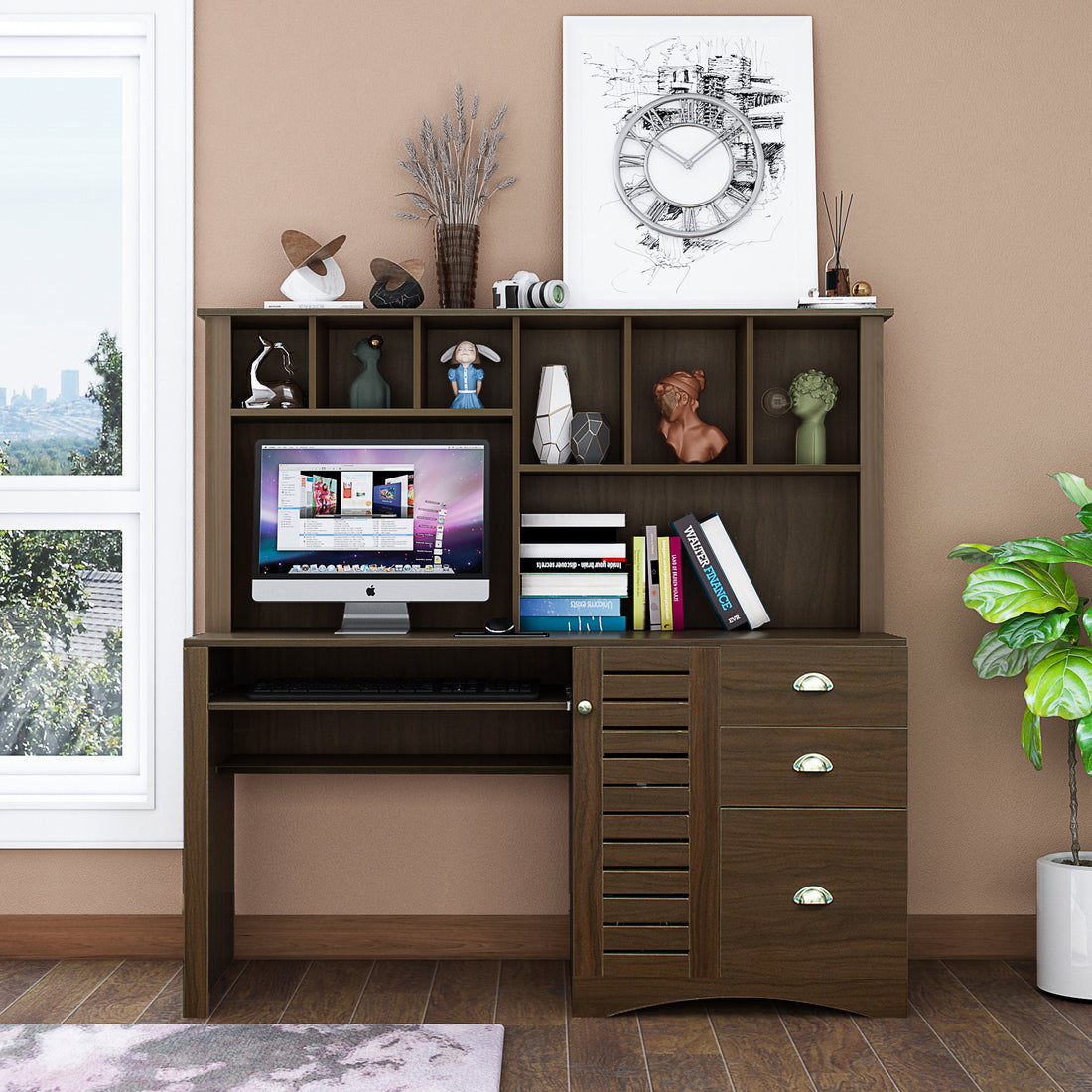 Home Office Computer Desk with Hutch,Walnut walnut-particle board