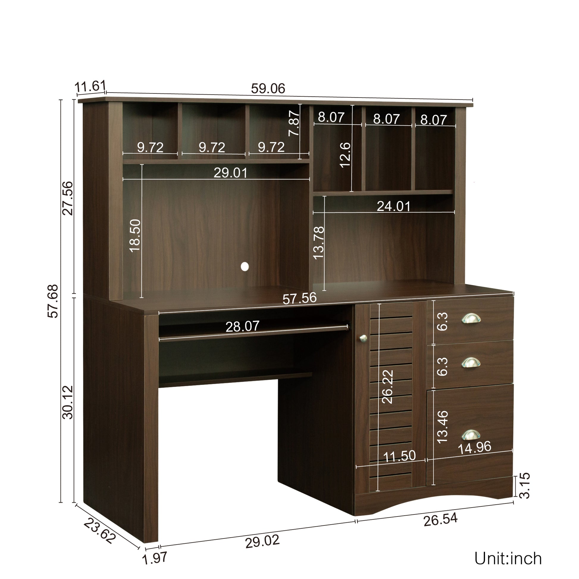 Home Office Computer Desk With Hutch,Walnut Walnut Particle Board