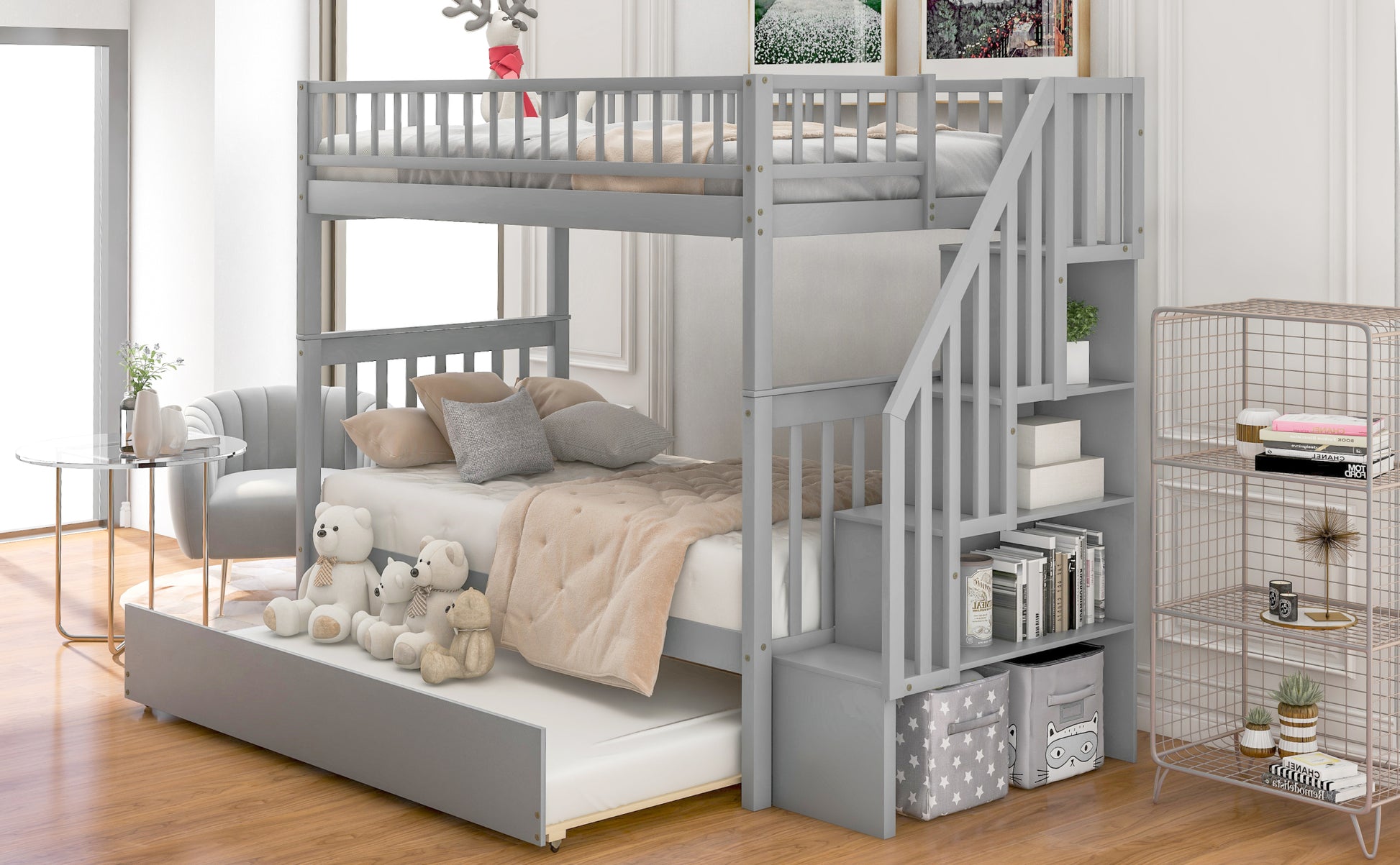 Twin Over Twin Bunk Bed With Trundle And Storage, Gray Twin Gray Pine