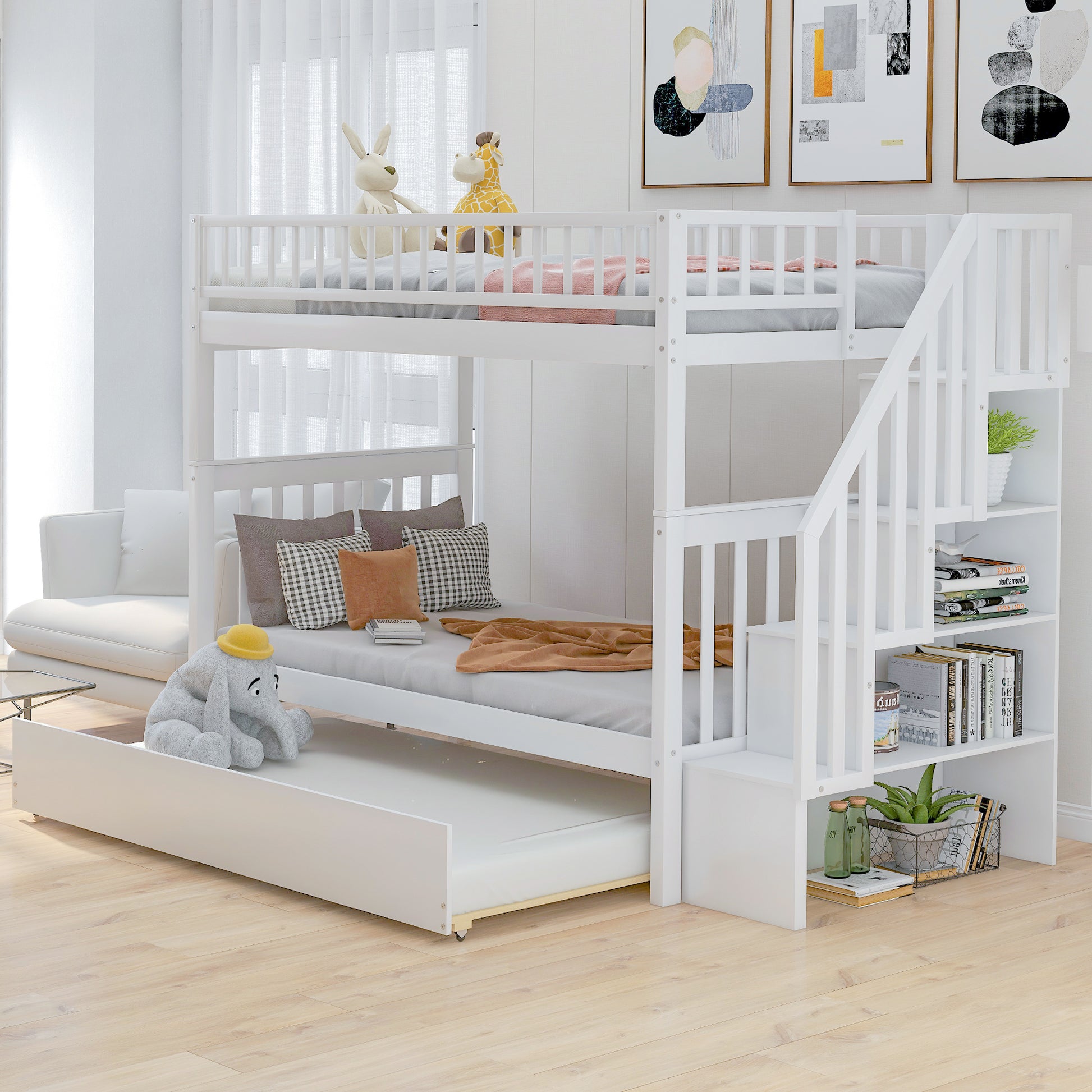 Twin Over Twin Bunk Bed With Trundle And Storage, White Twin White Pine