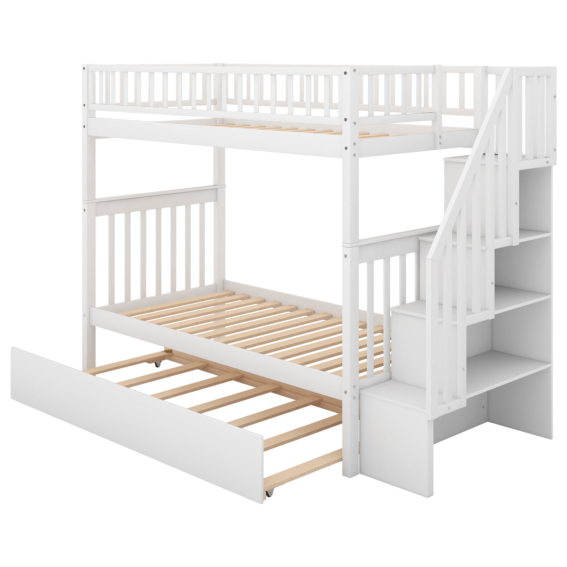 Twin Over Twin Bunk Bed With Trundle And Storage, White Twin White Pine