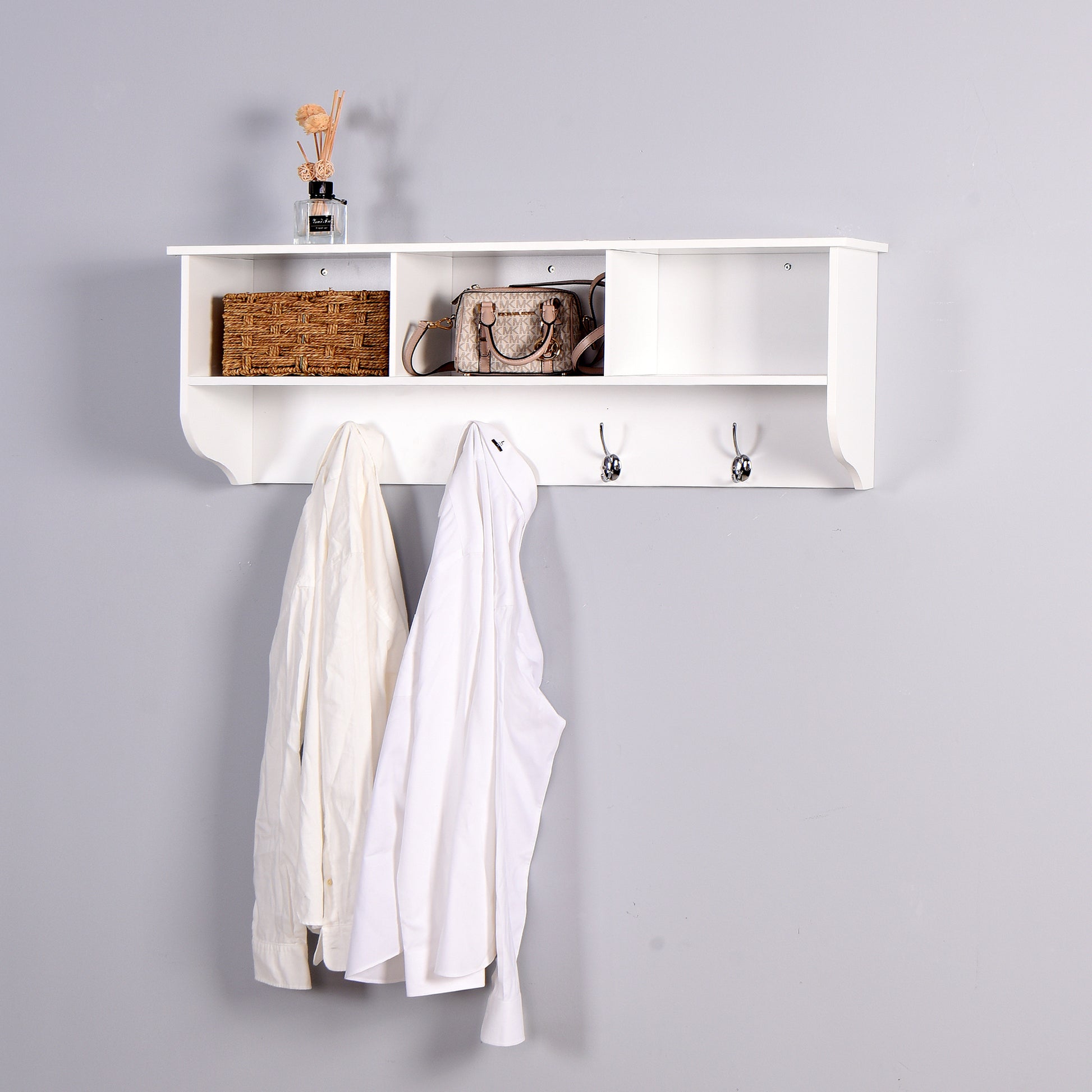 White Entryway Wall Mounted Coat Rack With 4 Dual Hooks Living Room Wooden Storage Shelf White Mdf